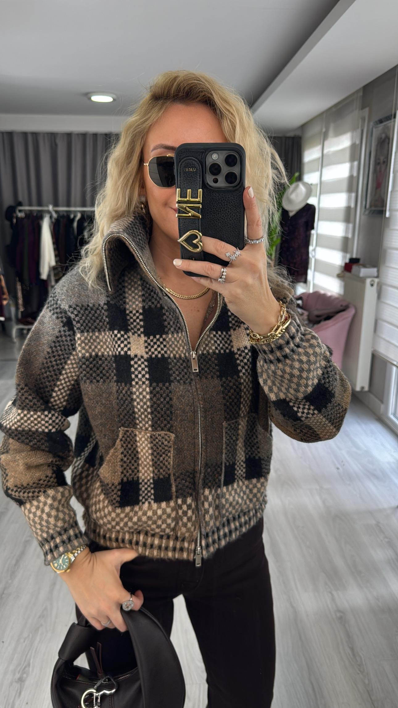 Orijinal Model Ekose Örgü Bomber Triko Ceket