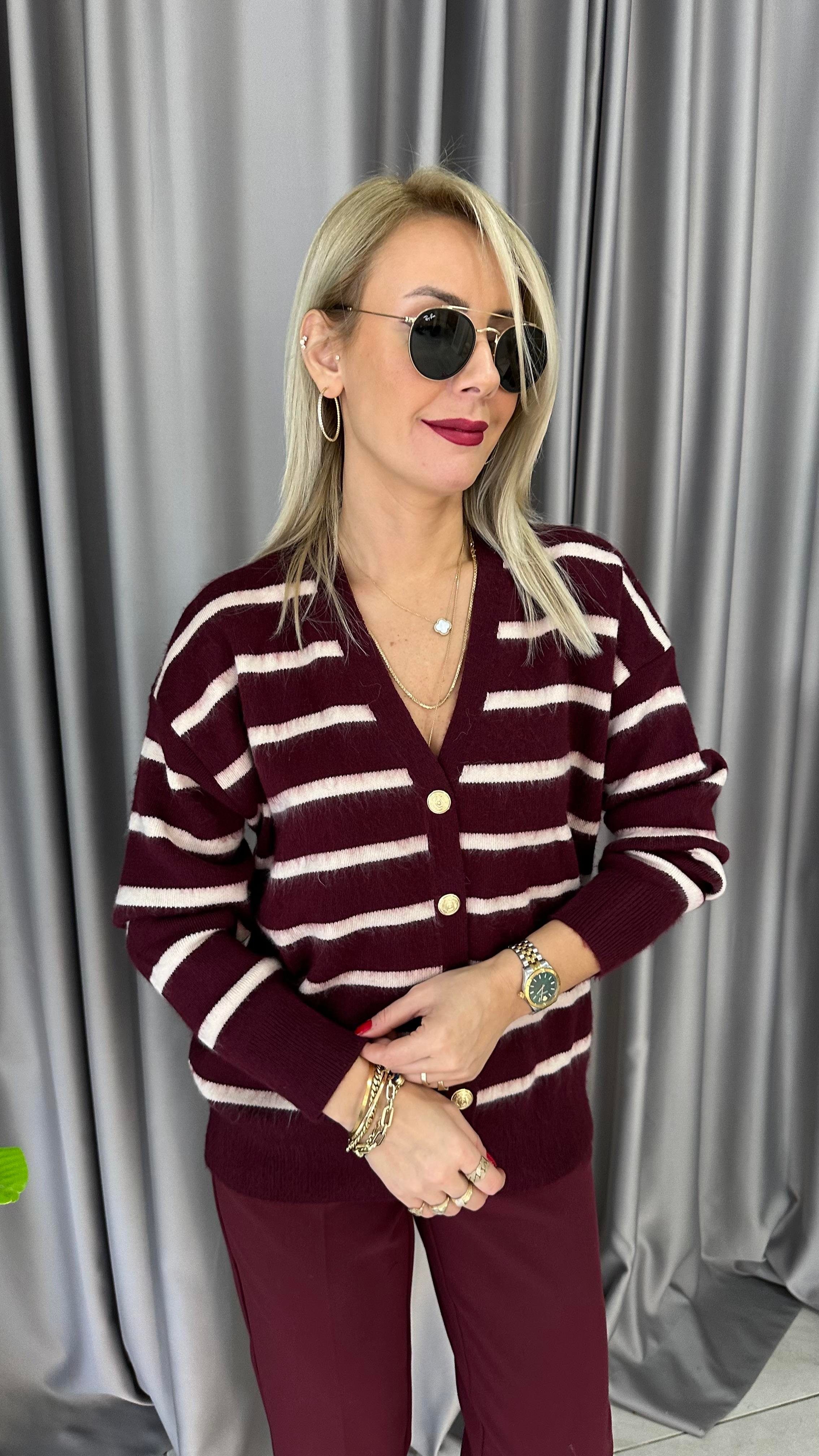 Orjinal Marka Ekru Çizgili Bordo Triko Ceket