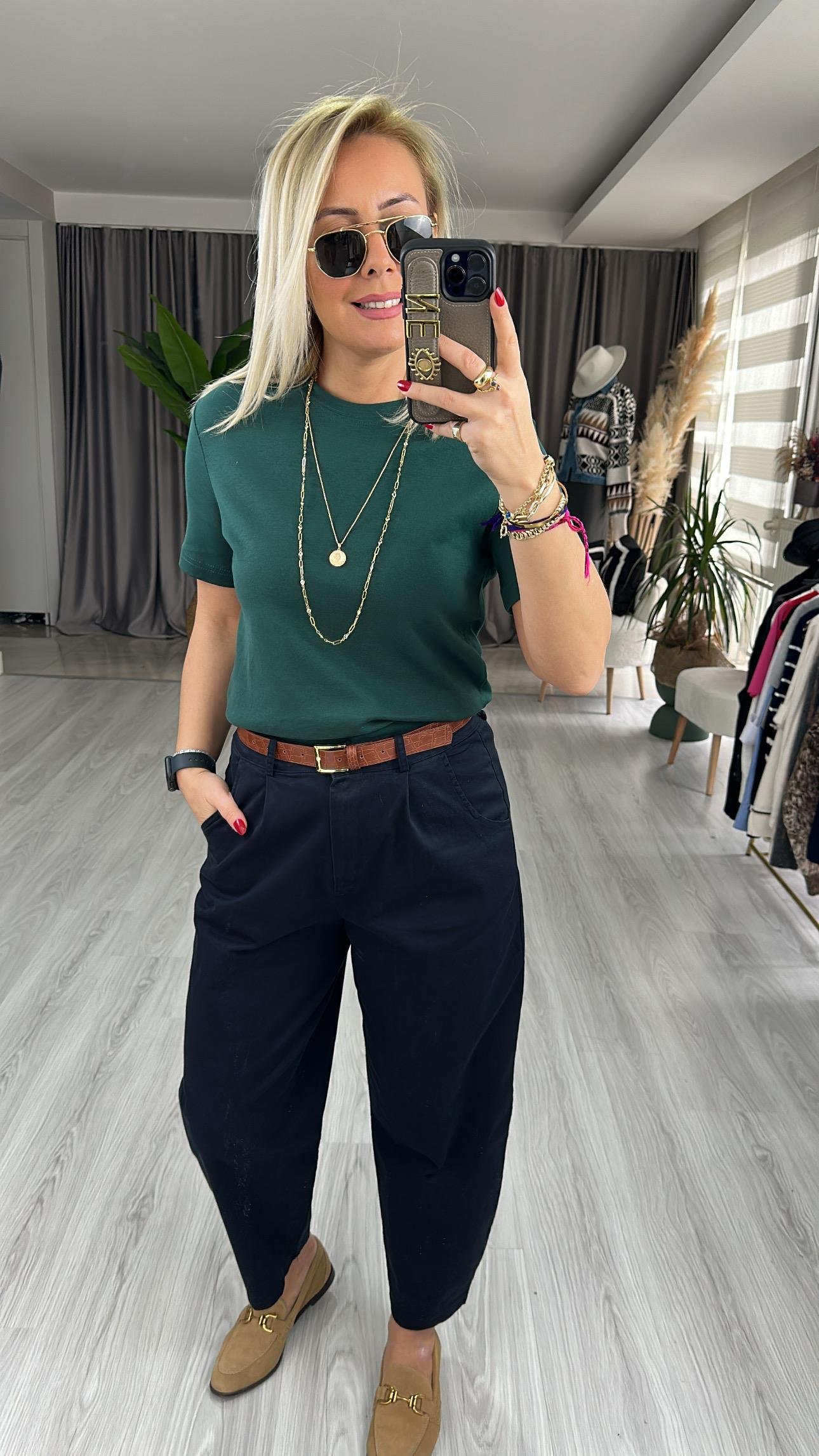 ORJİNAL MARKA KOYU YEŞİL PAMUKLU BASİC TİŞÖRT