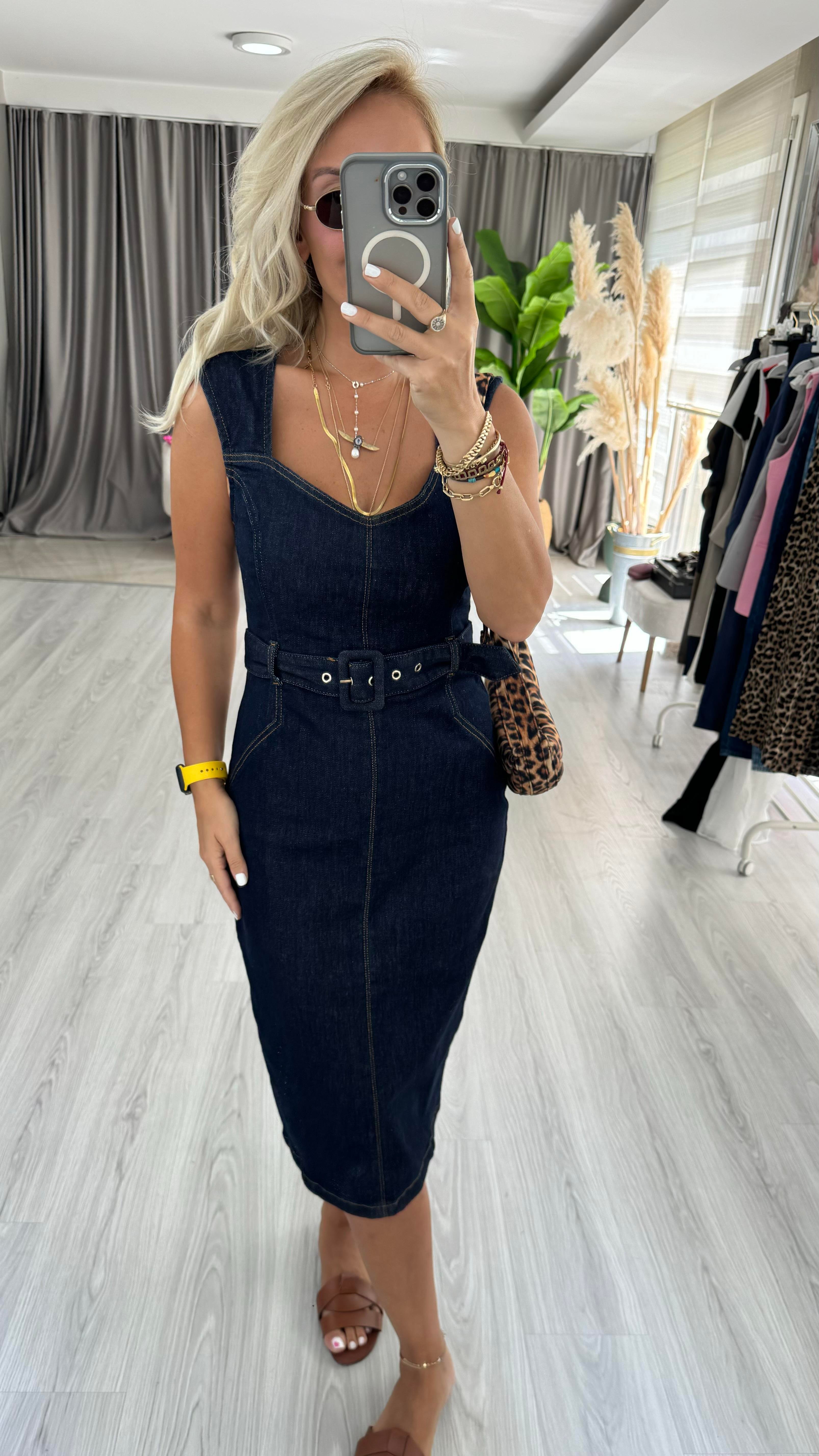 Orjinal Model Beli Kemerli Lacivert Denim Elbise