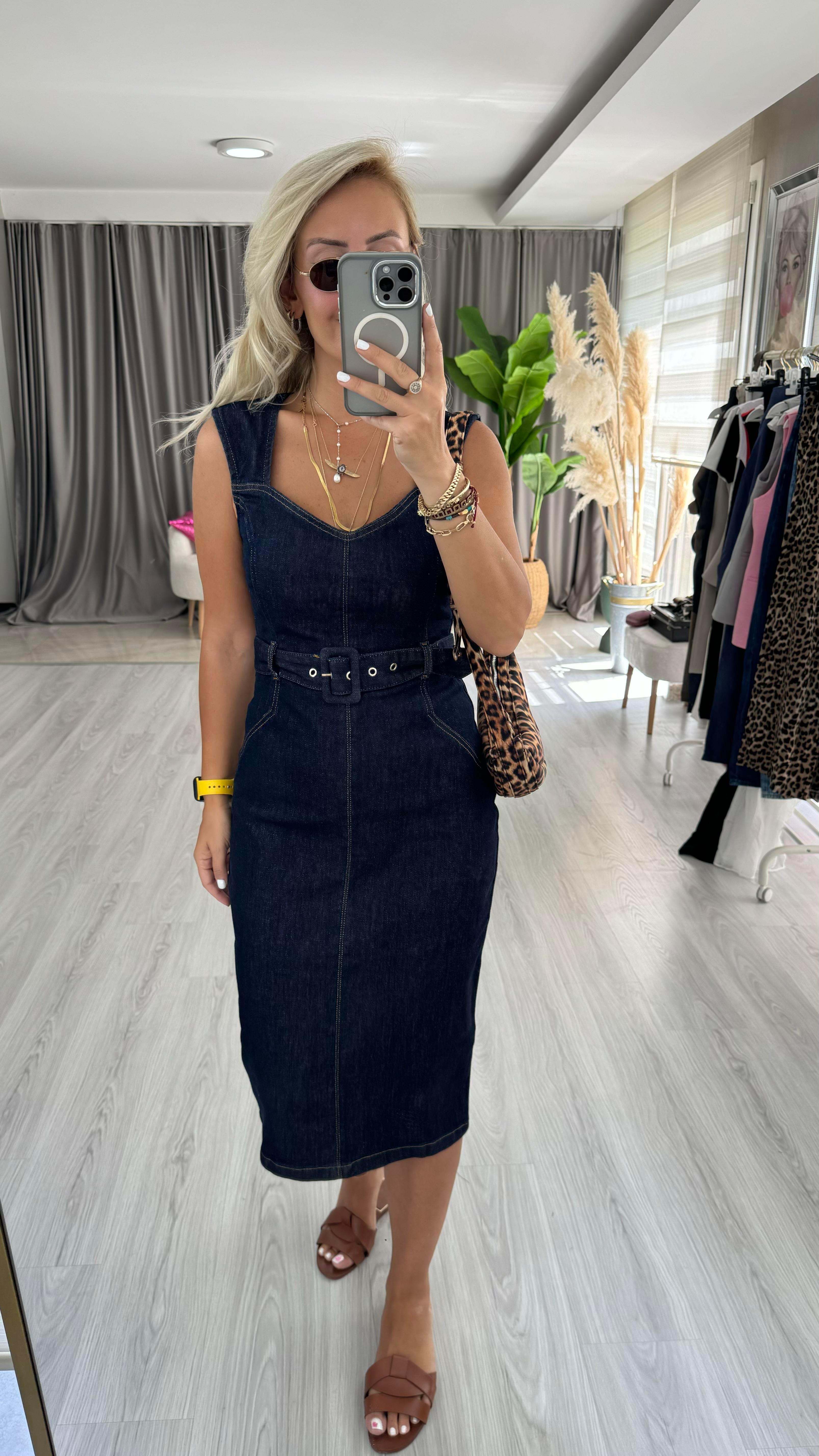Orjinal Model Beli Kemerli Lacivert Denim Elbise