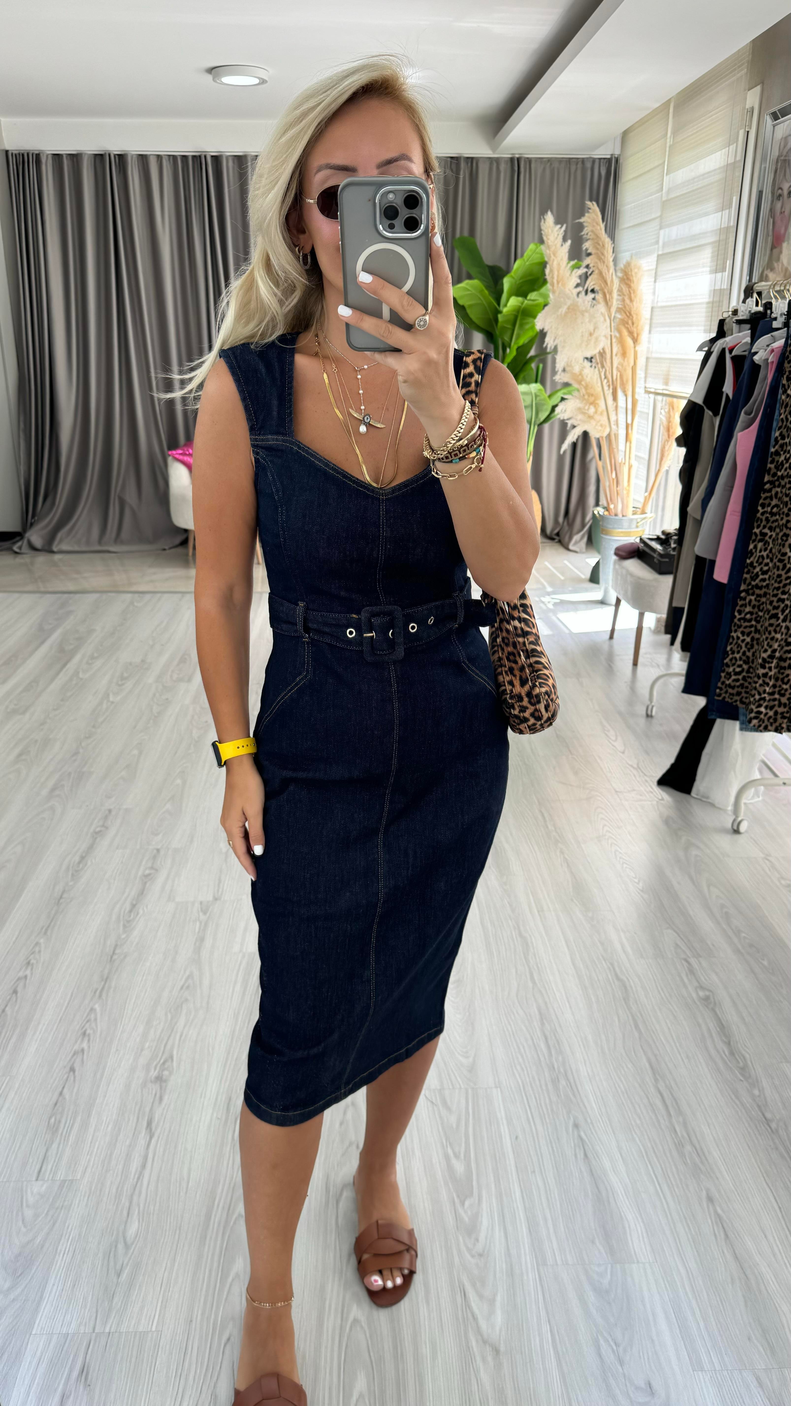 Orjinal Model Beli Kemerli Lacivert Denim Elbise