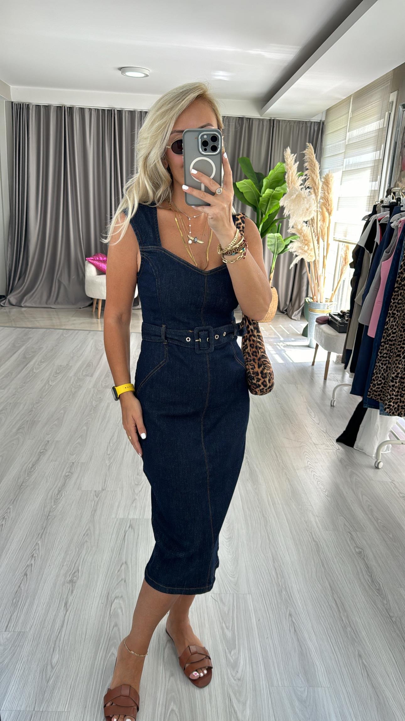 Orjinal Model Beli Kemerli Lacivert Denim Elbise