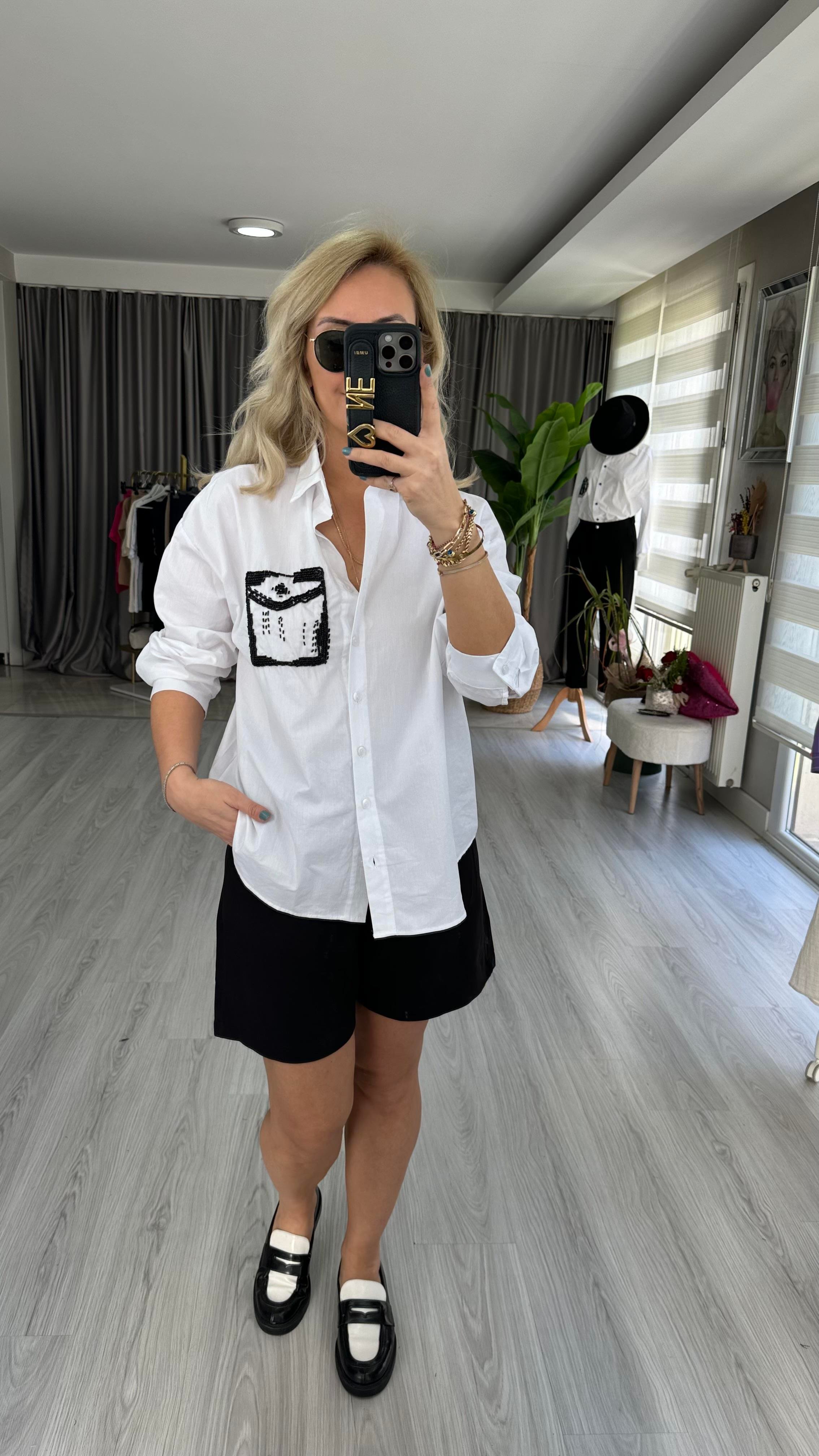 ORJİNAL MODEL CEP İŞLEMELİ BEYAZ POPLİN GÖMLEK