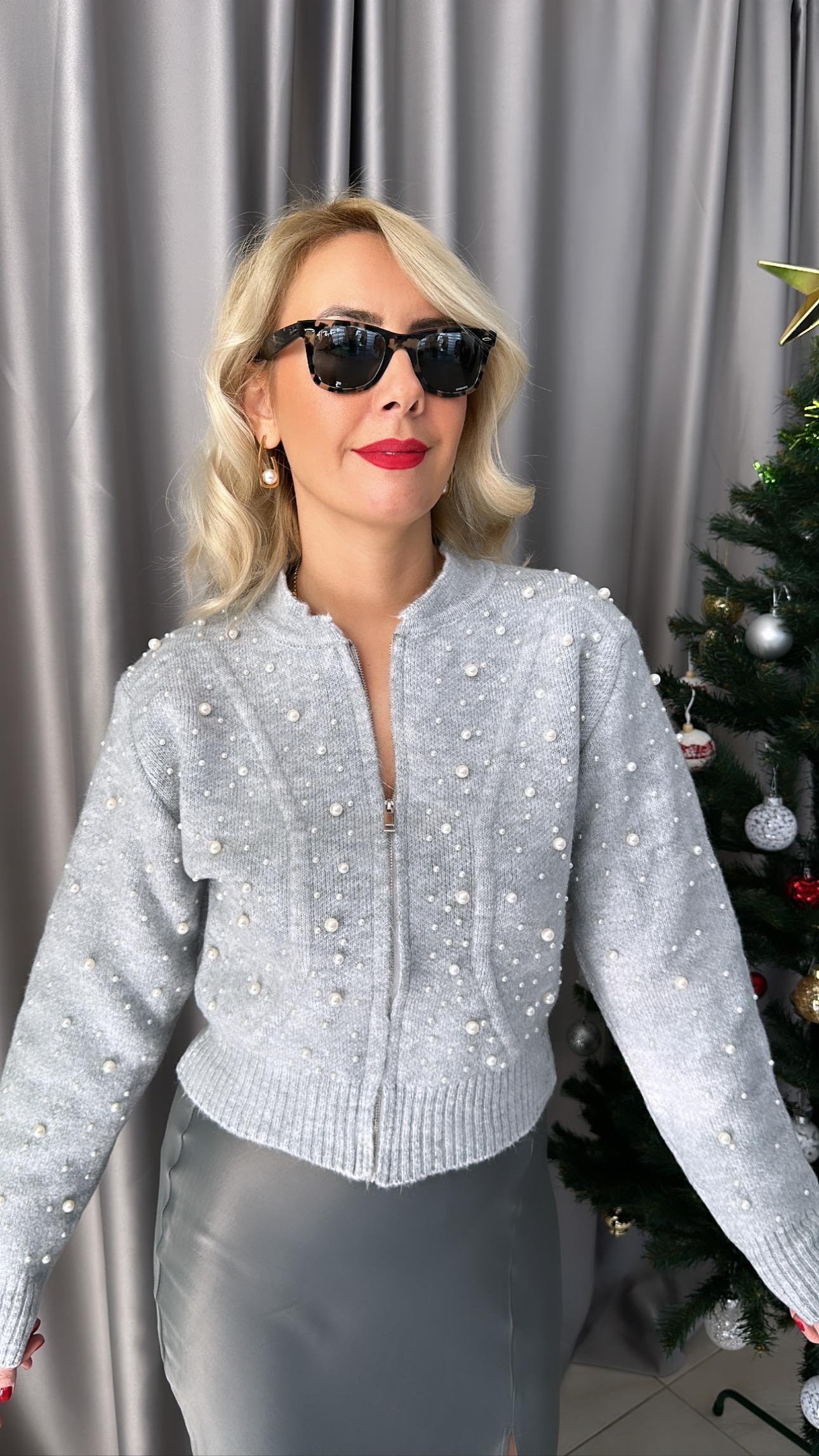 ORJİNAL MODEL İNCİLİ GRİ TRİKO CEKET