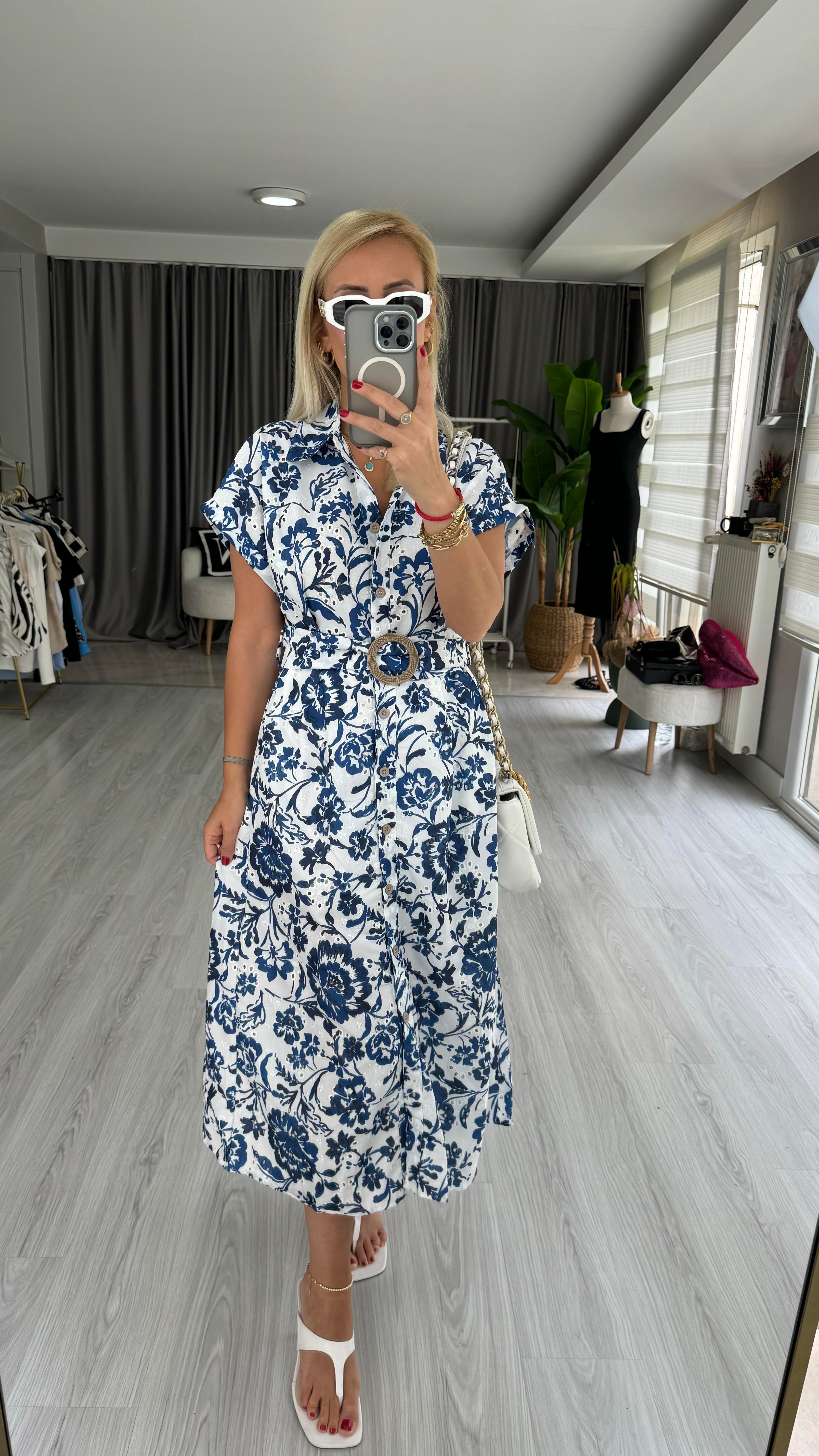 ORJİNAL MODEL KEMERLİ MAVİ FİSTO ELBİSE