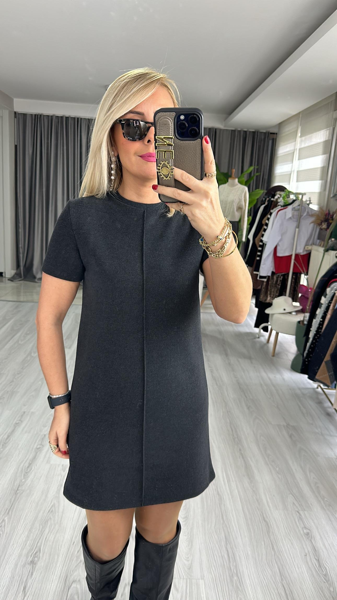 ORJİNAL MODEL ÖNDEN DİKİŞLİ ANTRASİT TRİKO ELBİSE