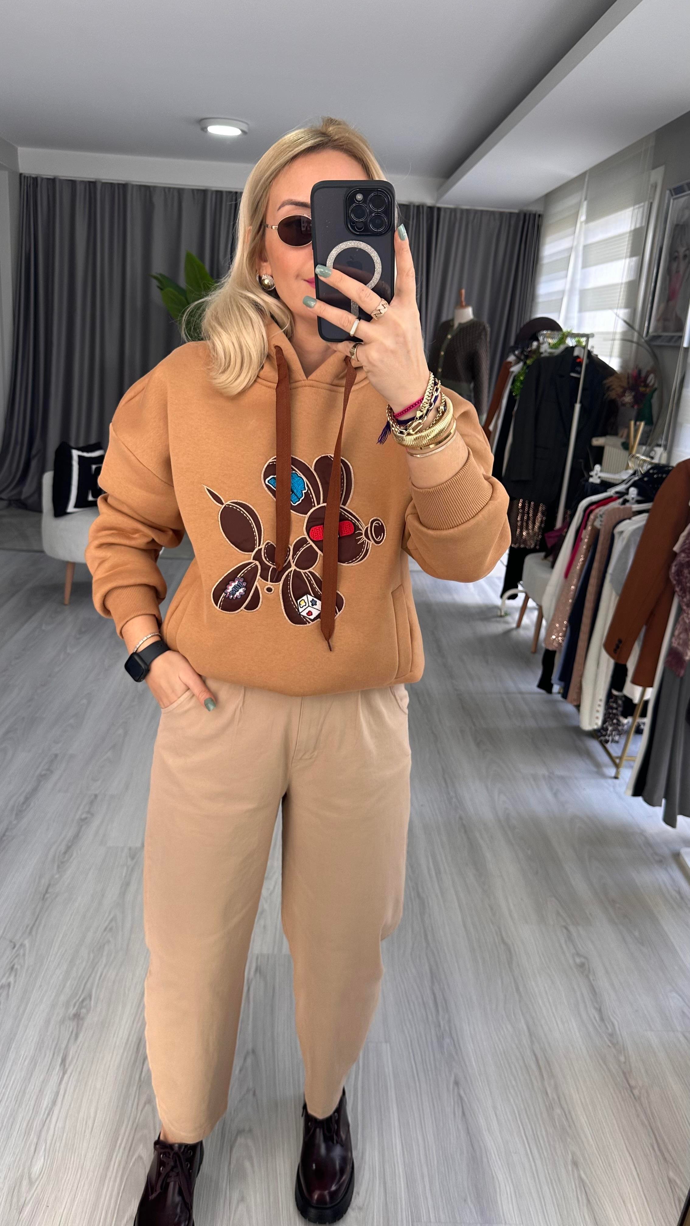 ORJİNAL MODEL ÖNÜ İŞLEMELİ  ŞARDONLU KAHVERENGİ SWEAT