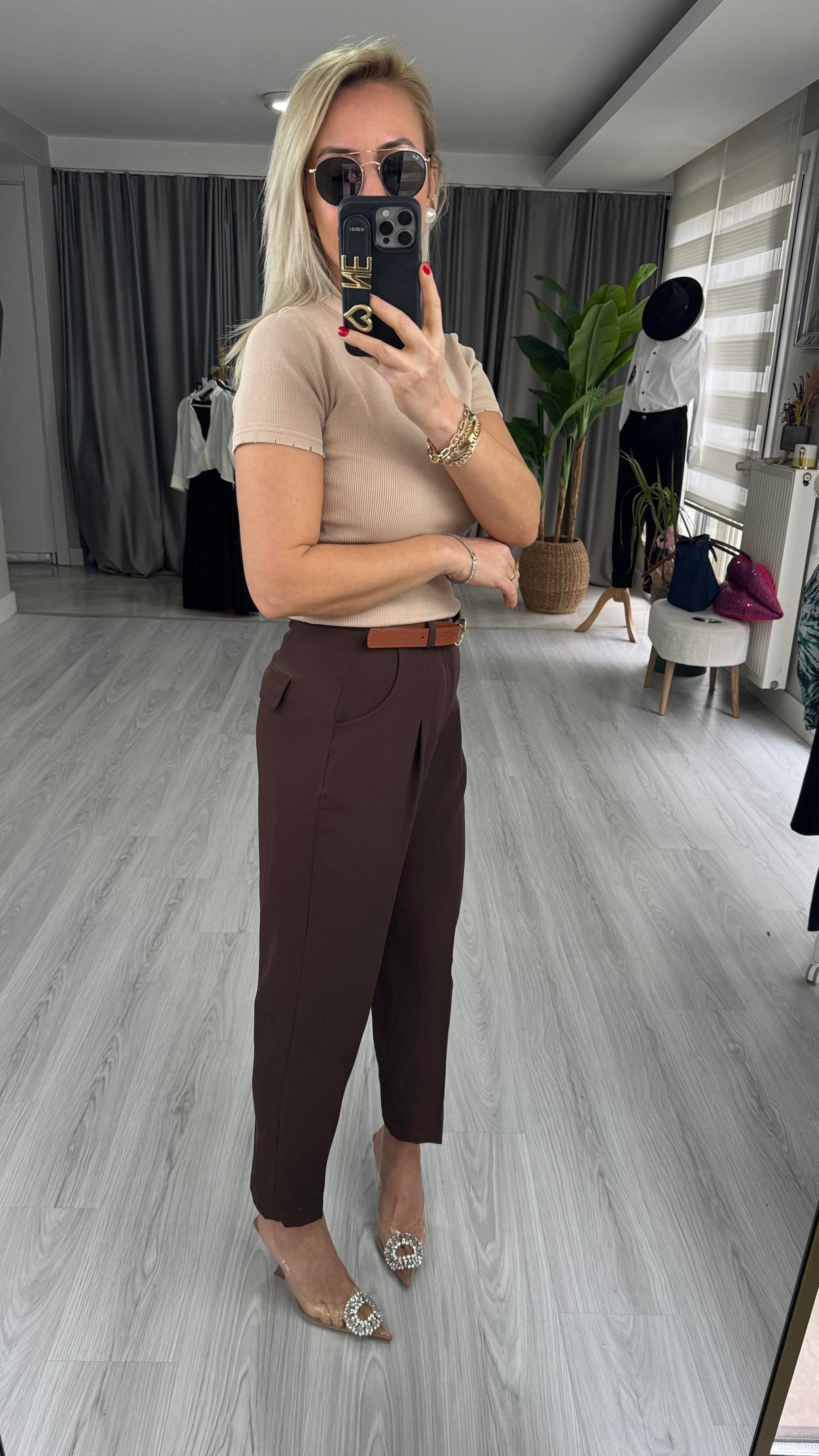 ORJİNAL MODEL TABA KEMERLİ  KAHVE LİKRALI KREP PANTOLON