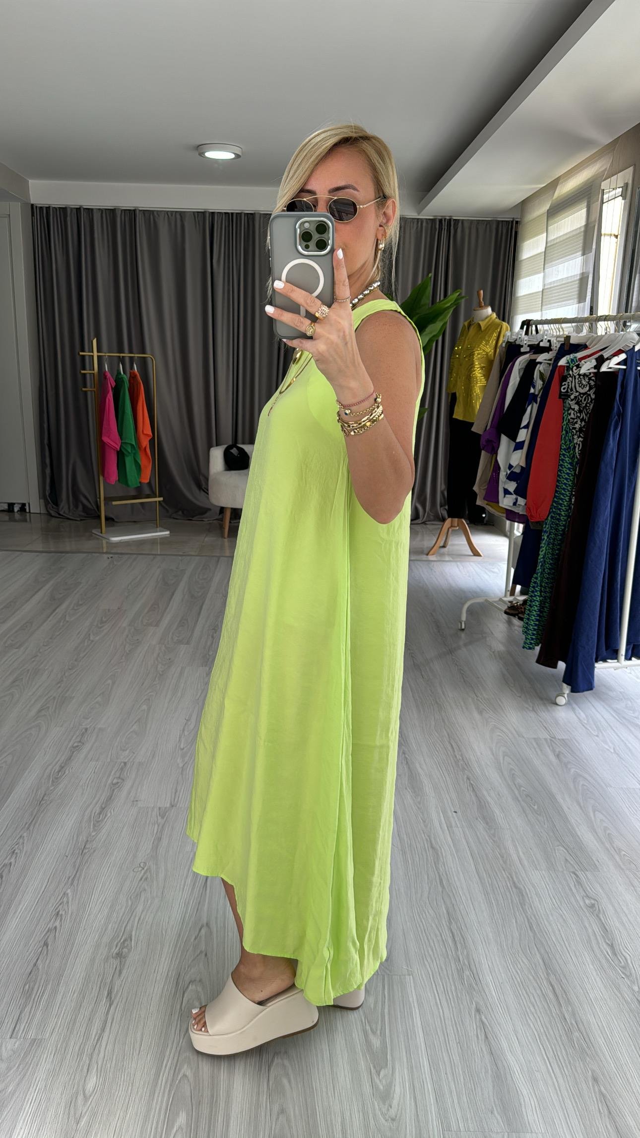 ORJİNAL MODEL TENCEL NEON YEŞİL ELBİSE