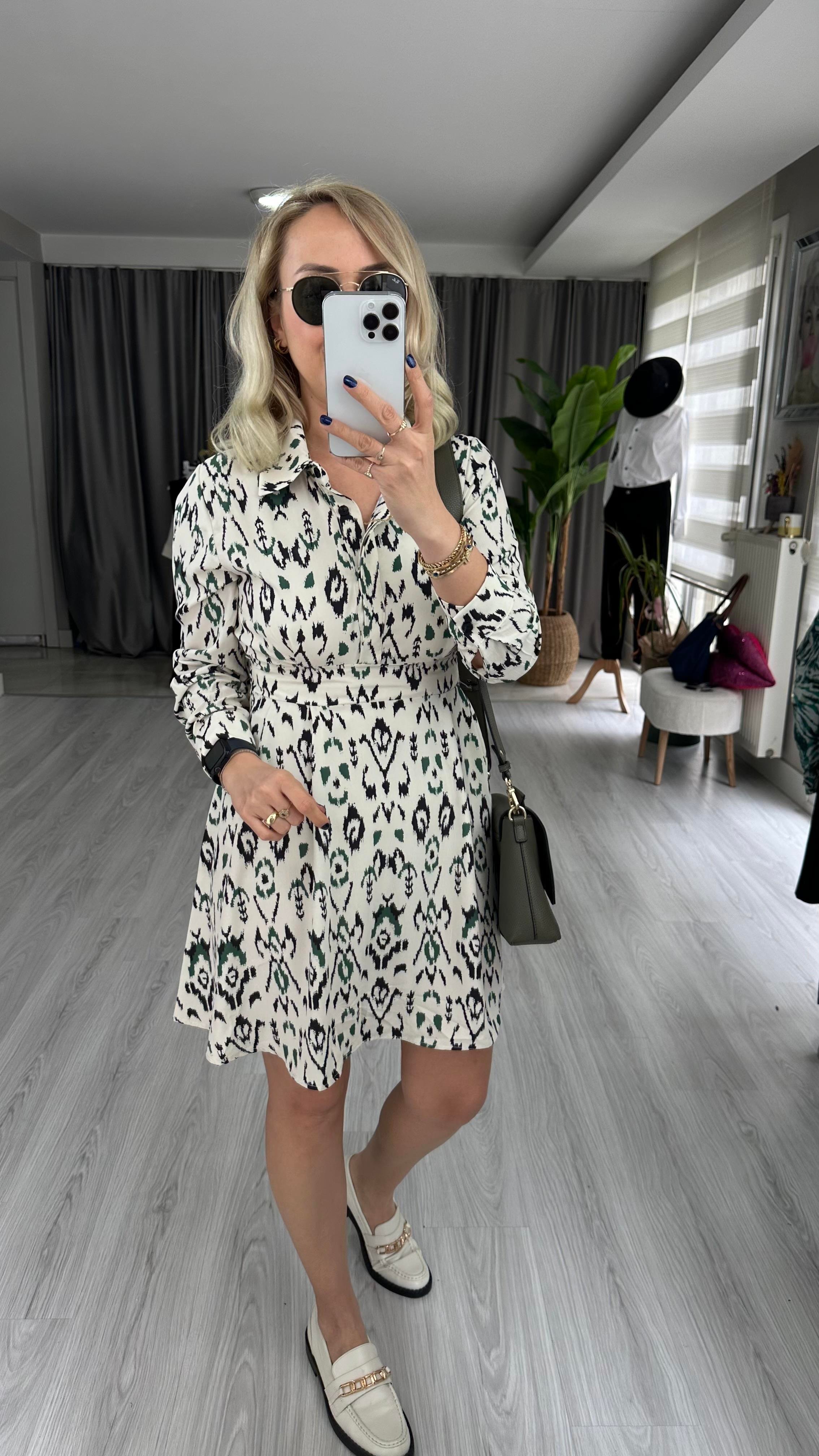 ORJİNAL MODEL YEŞİL DESENLİ ELBİSE
