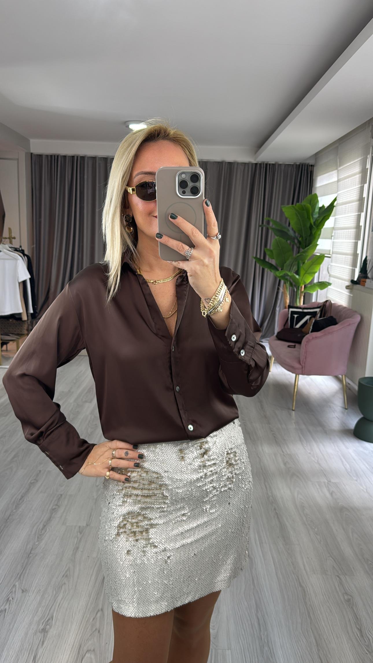 Payet İşlemeli Astarlı Şehir Boy Bej Etek