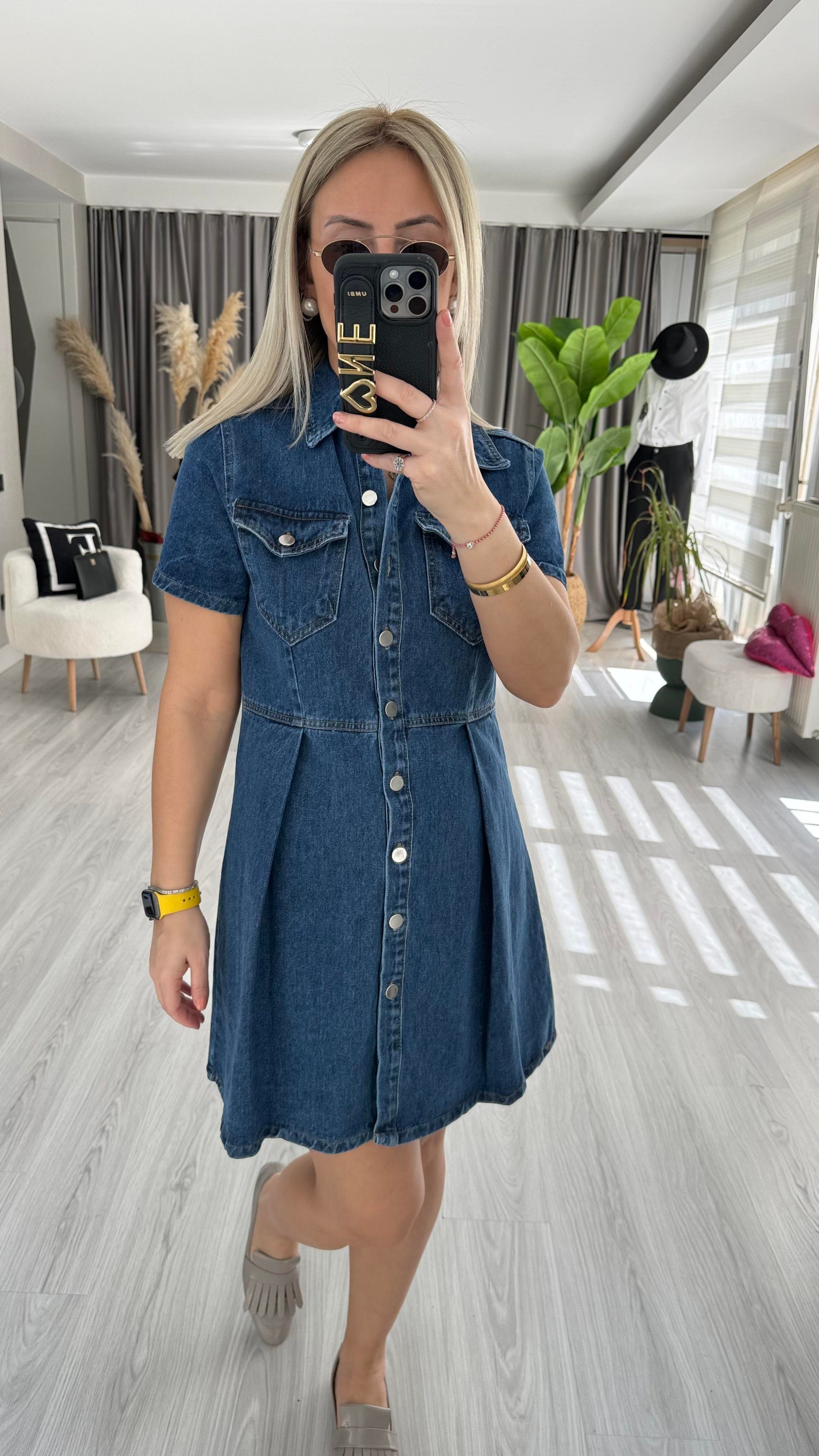 PİLE DETAYLI BELDEN OTURTMALI JEAN ELBİSE