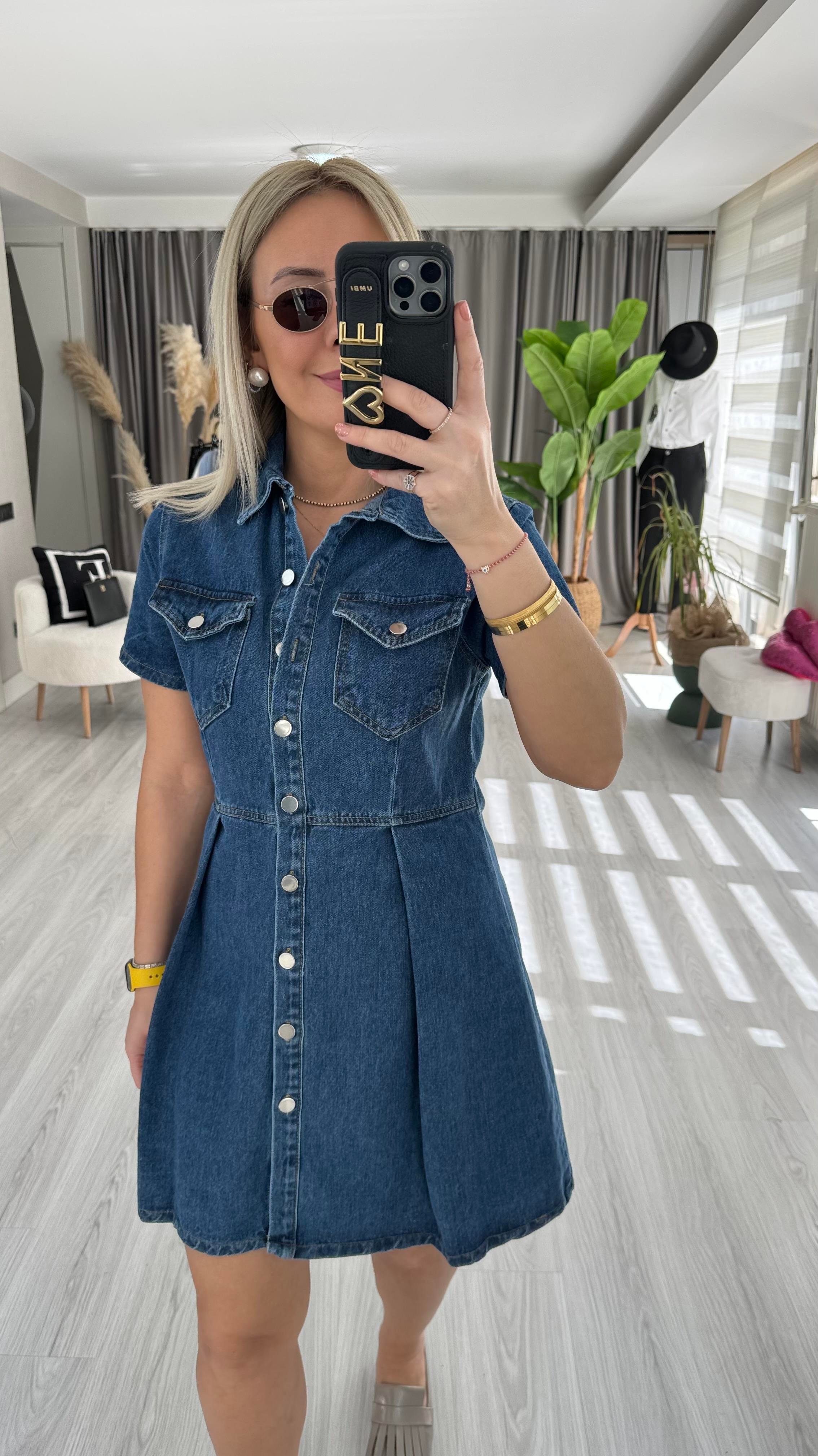 PİLE DETAYLI BELDEN OTURTMALI JEAN ELBİSE