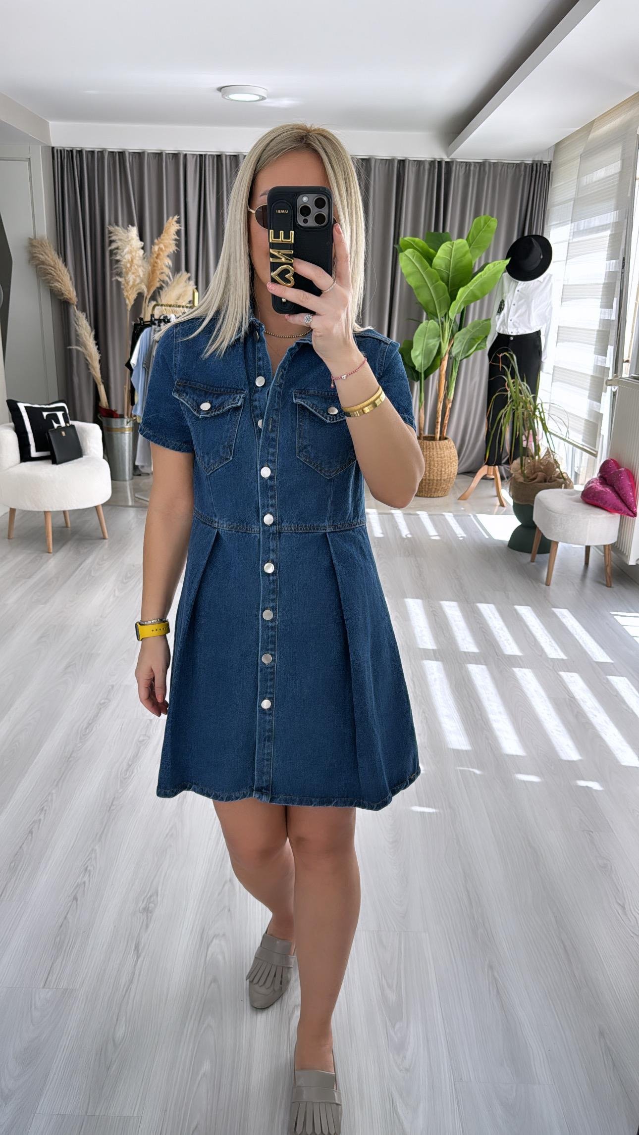 PİLE DETAYLI BELDEN OTURTMALI JEAN ELBİSE