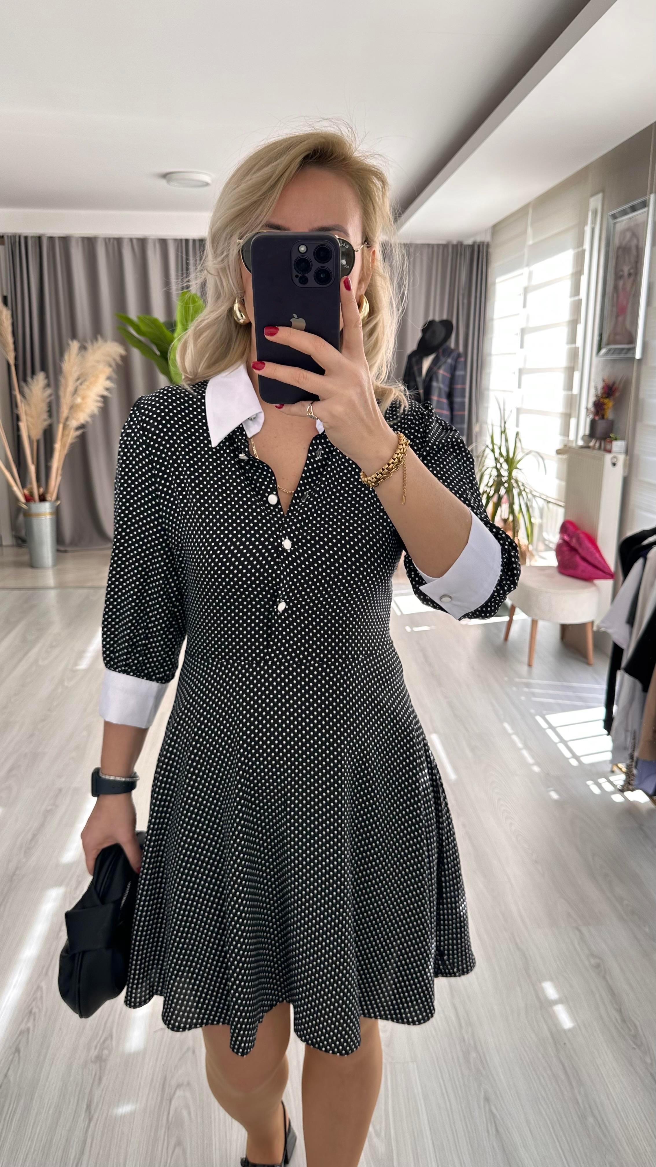 POPLİN YAKALI, PUANTİYELİ ELBİSE