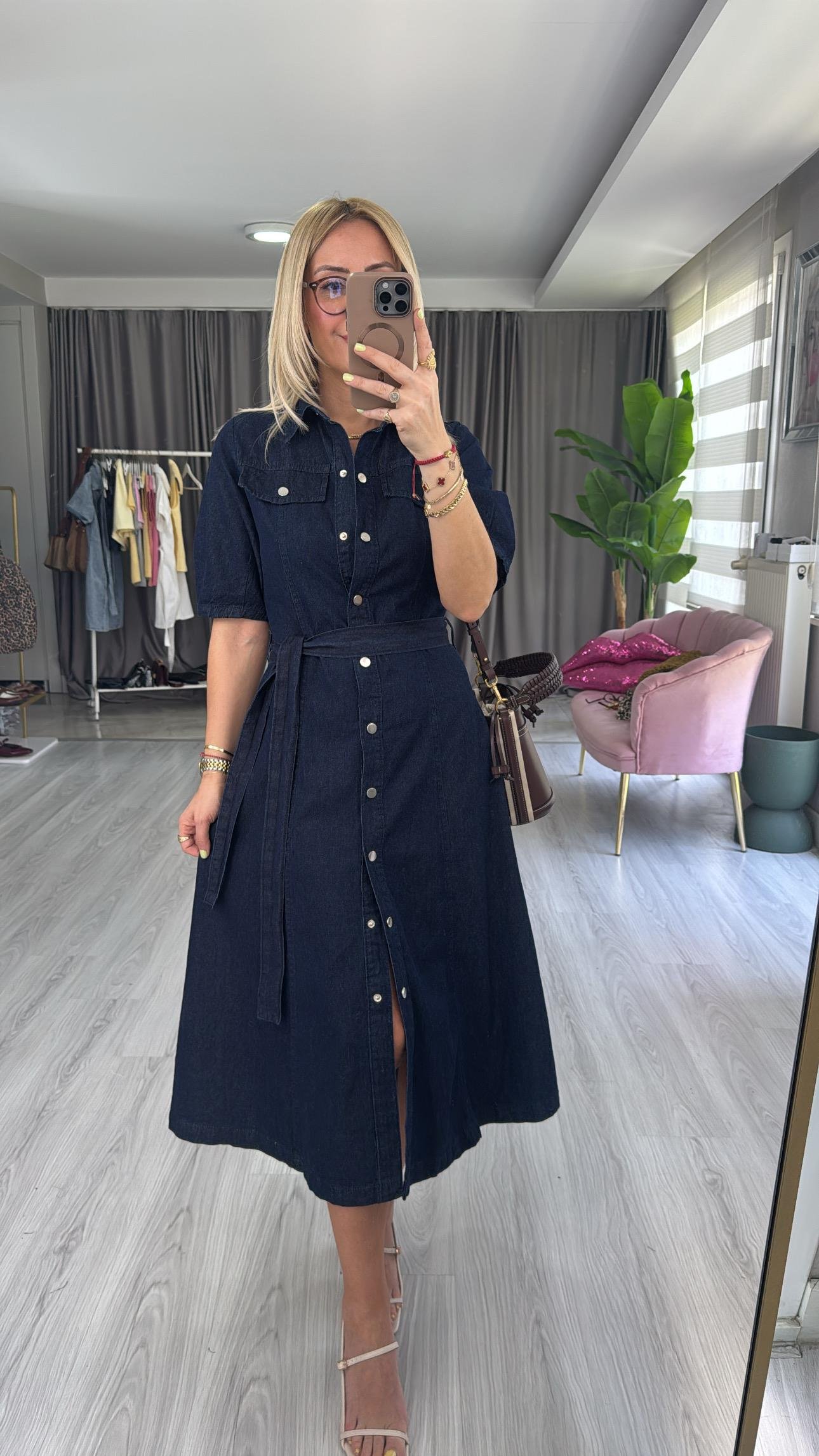 Premium Kuşaklı Lacivert Jean Gömlek Elbise