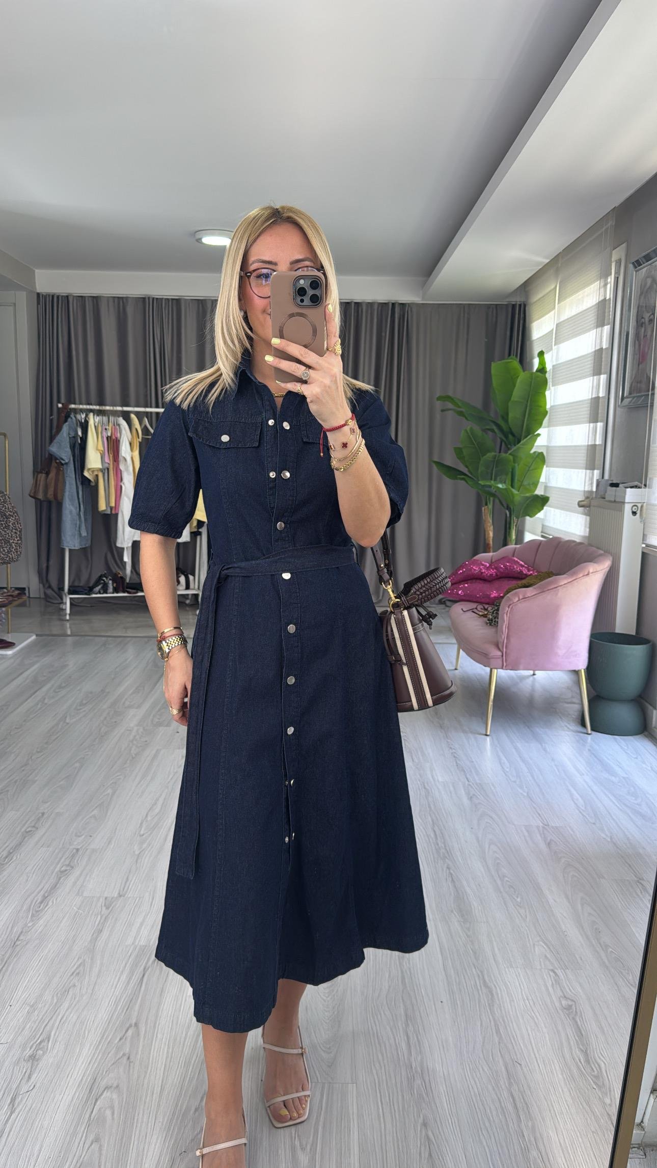 Premium Kuşaklı Lacivert Jean Gömlek Elbise