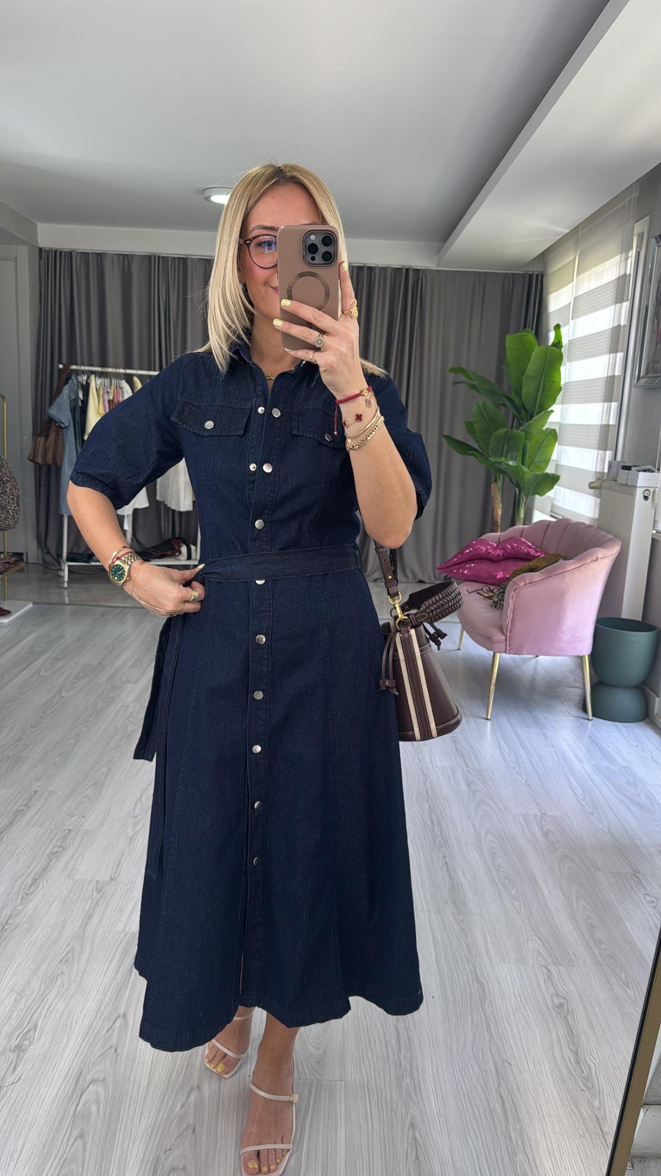 Premium Kuşaklı Lacivert Jean Gömlek Elbise