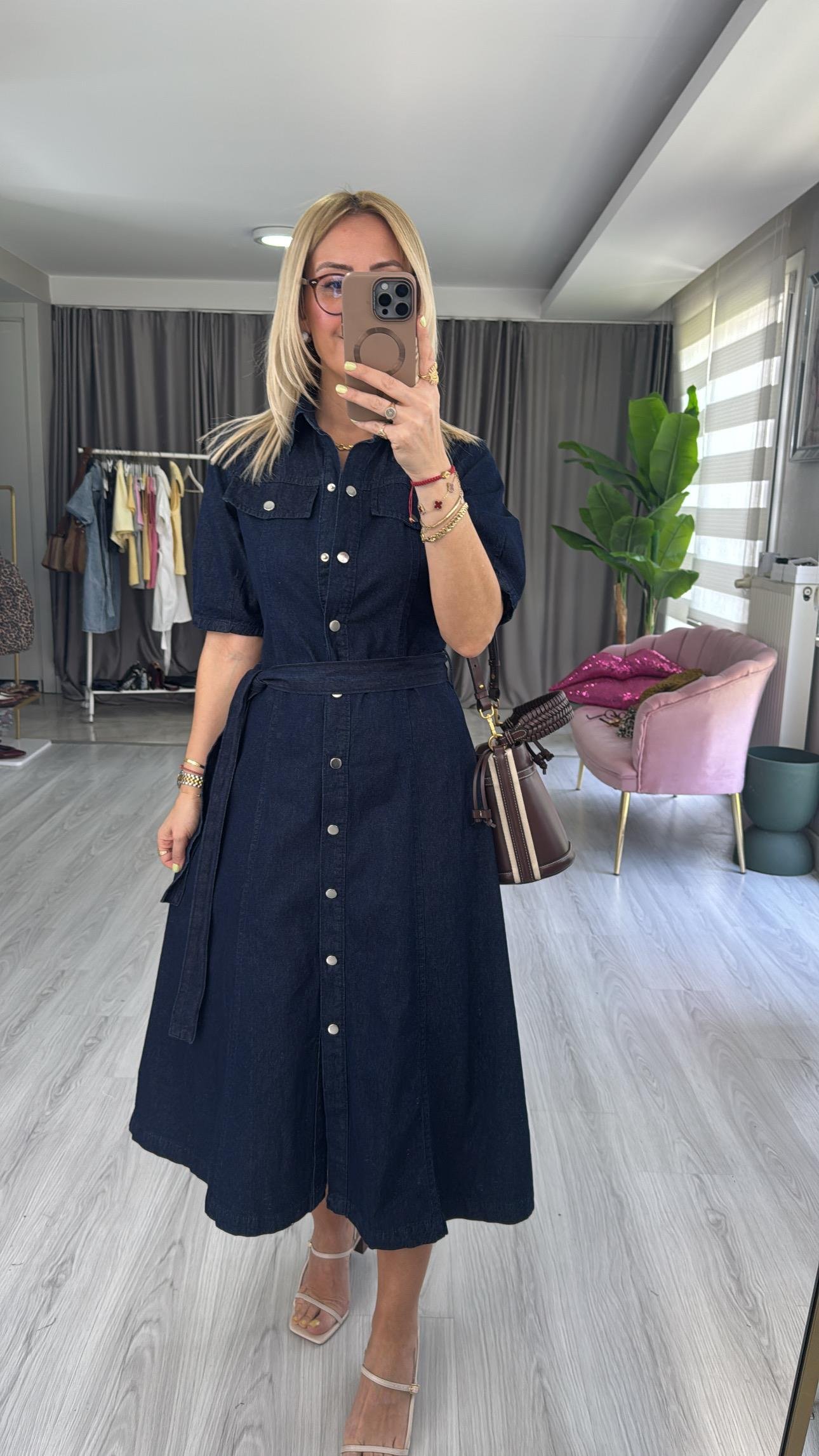 Premium Kuşaklı Lacivert Jean Gömlek Elbise