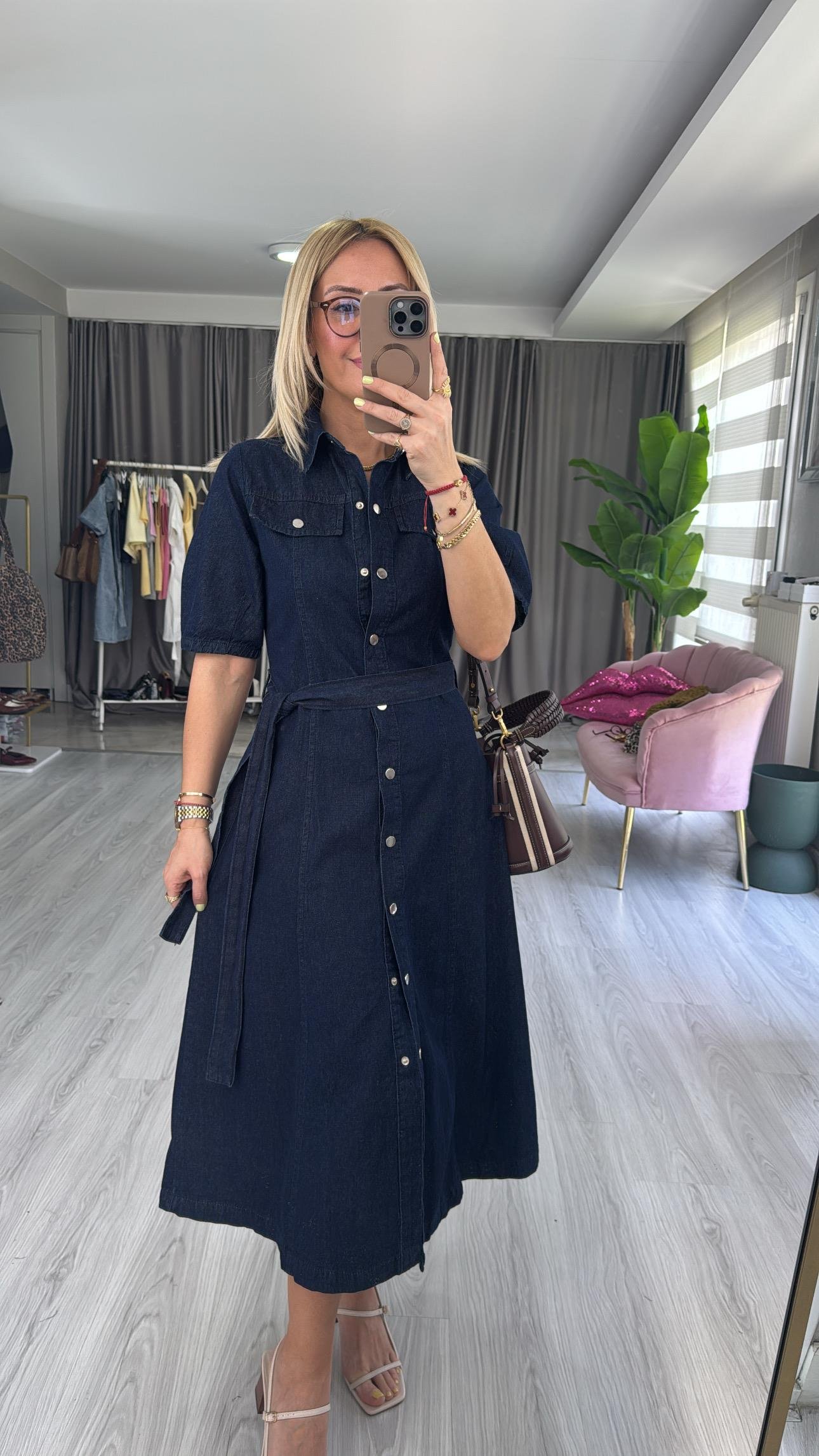 Premium Kuşaklı Lacivert Jean Gömlek Elbise