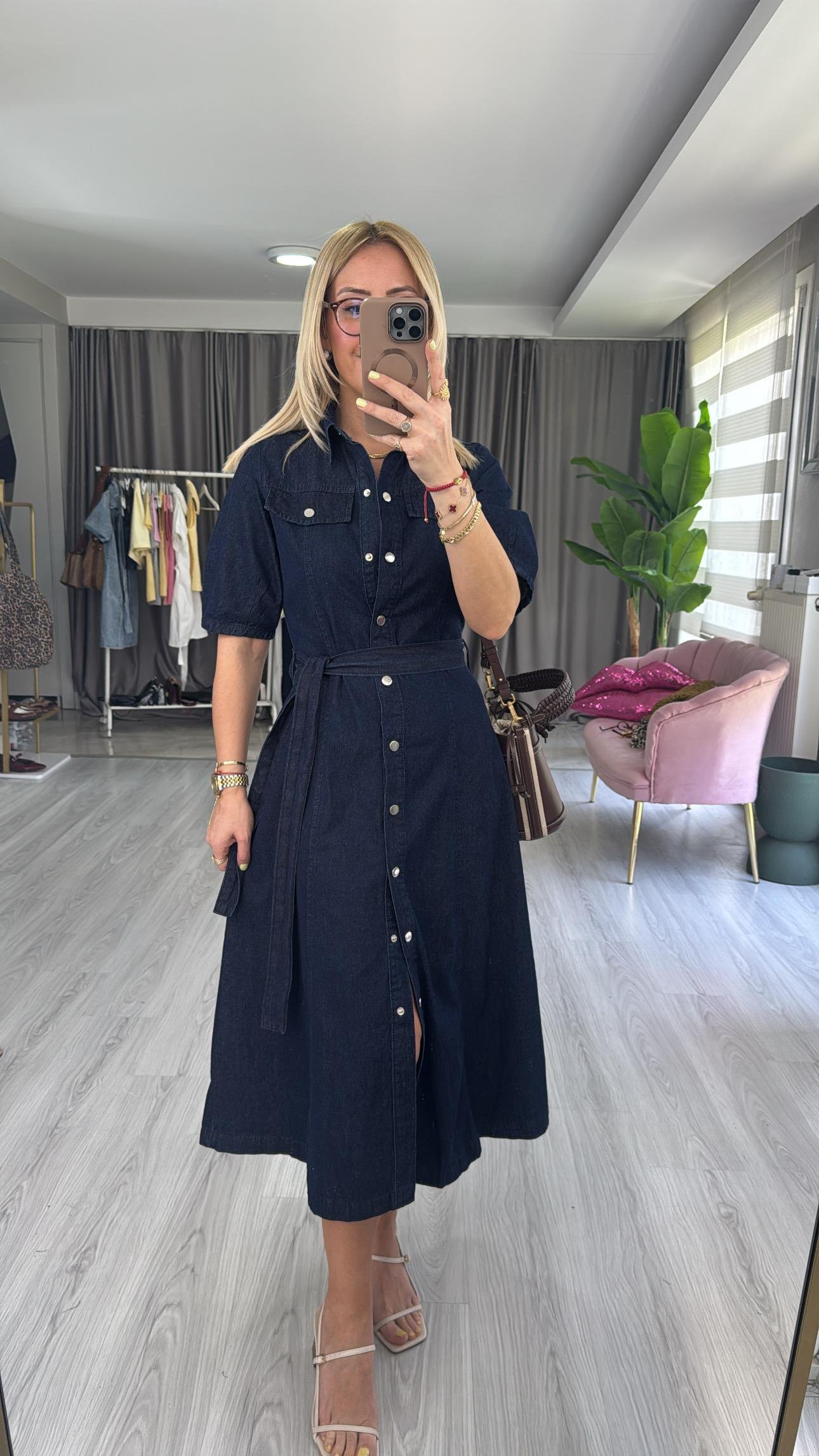 Premium Kuşaklı Lacivert Jean Gömlek Elbise