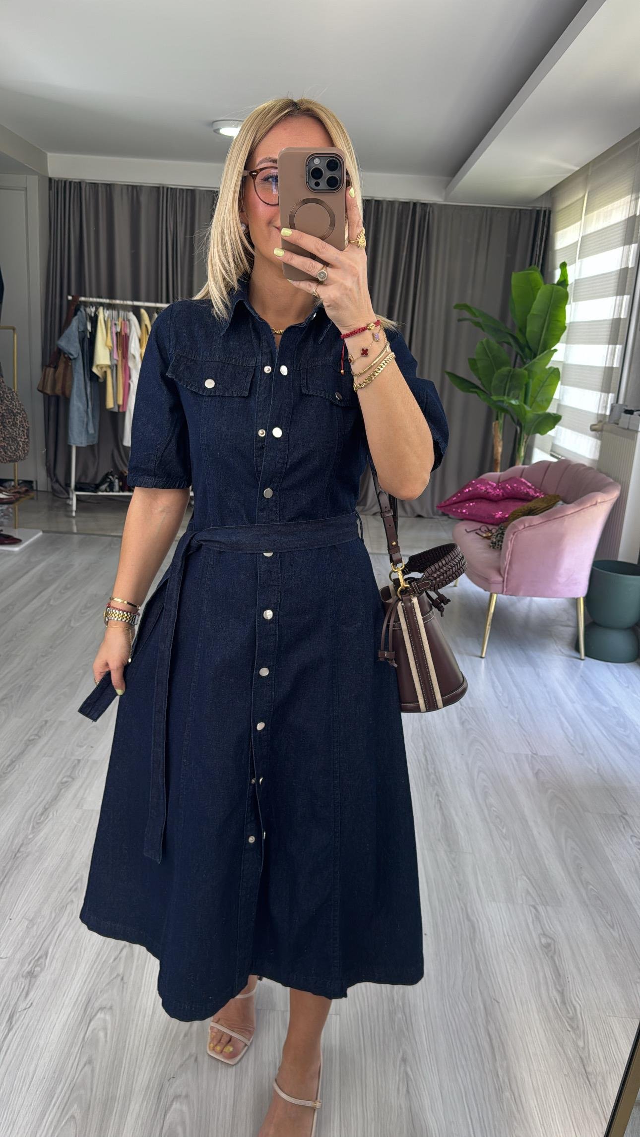 Premium Kuşaklı Lacivert Jean Gömlek Elbise