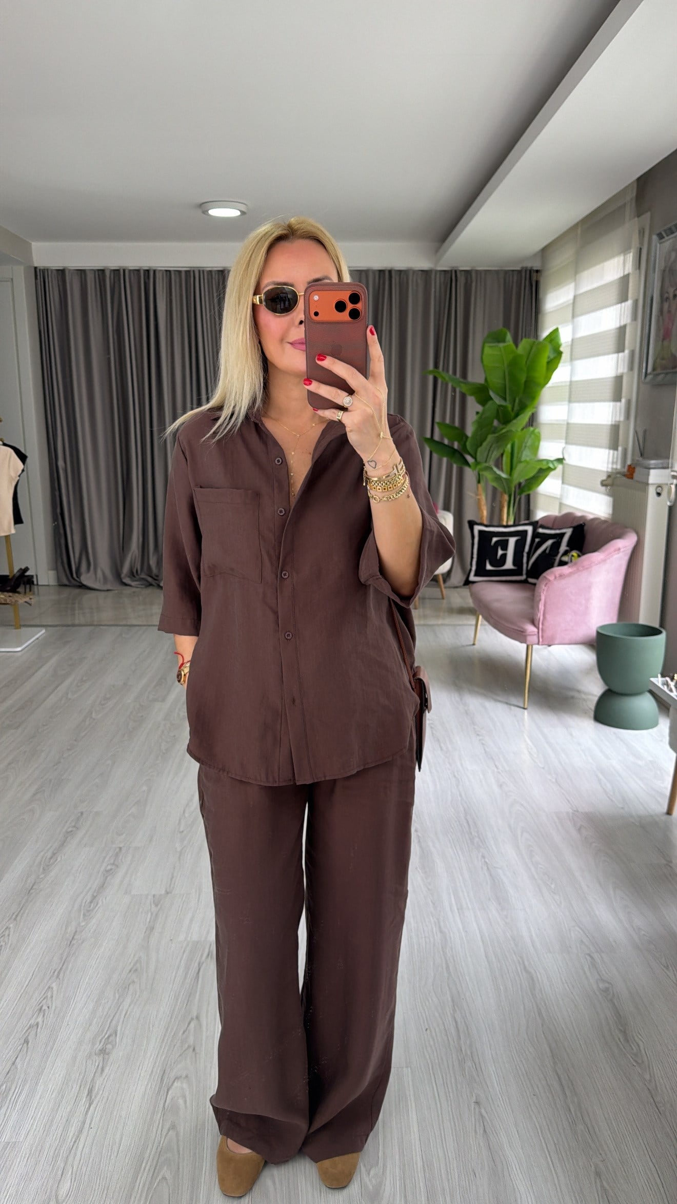Premium Tuncel Gömlek Pantolon Kahverengi Takım