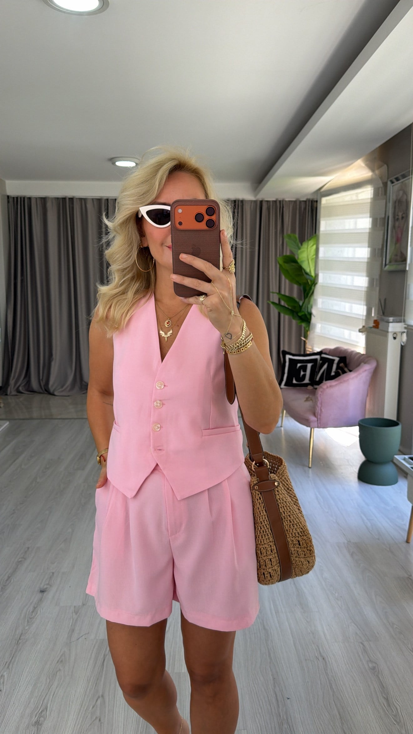 Premium Yelek Şort Pembe Takım
