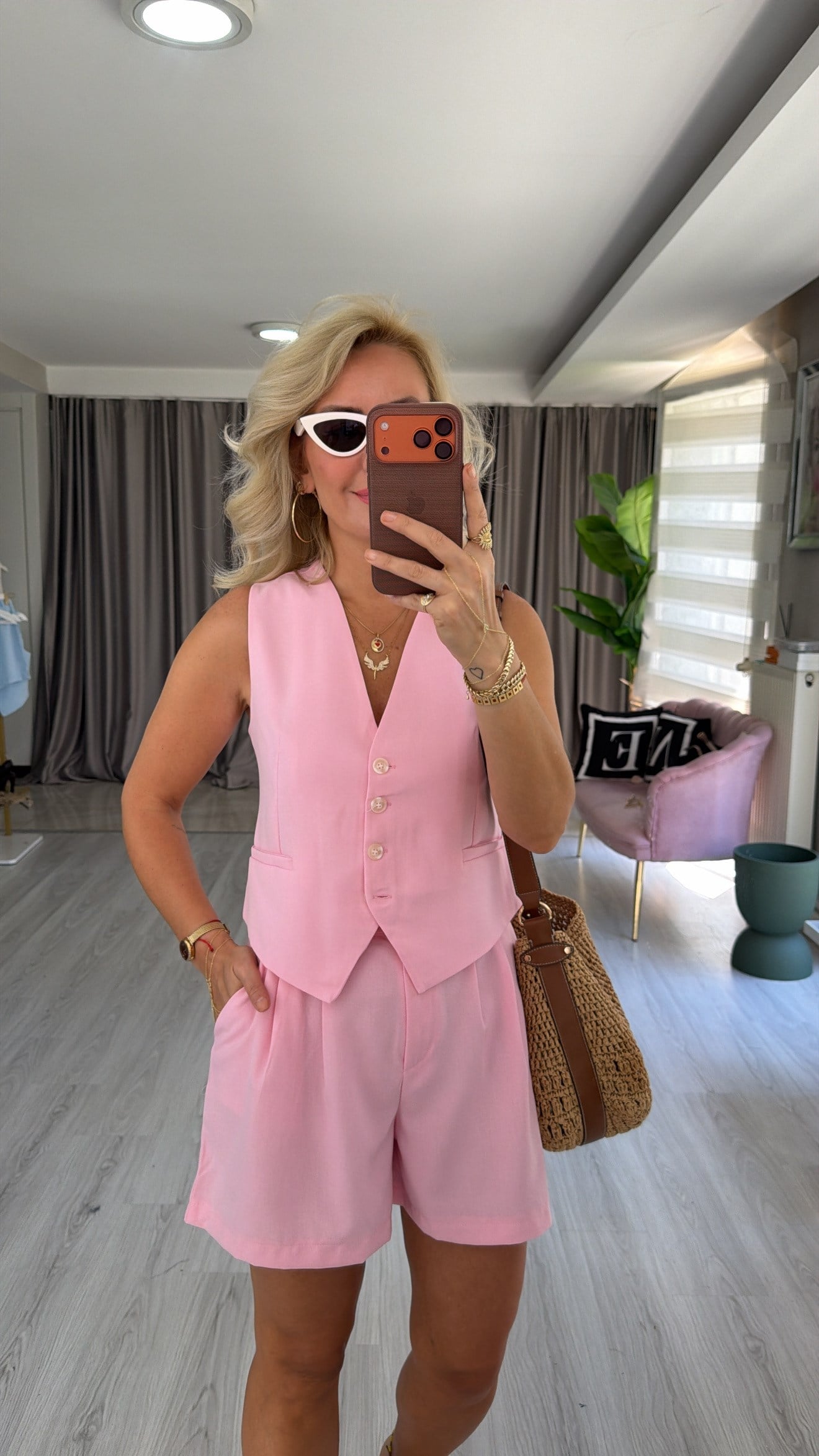 Premium Yelek Şort Pembe Takım