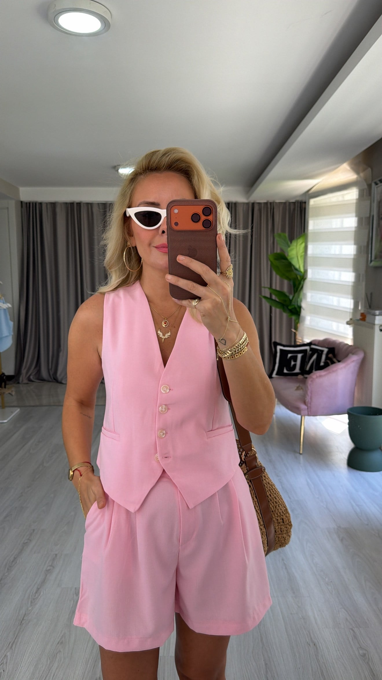 Premium Yelek Şort Pembe Takım