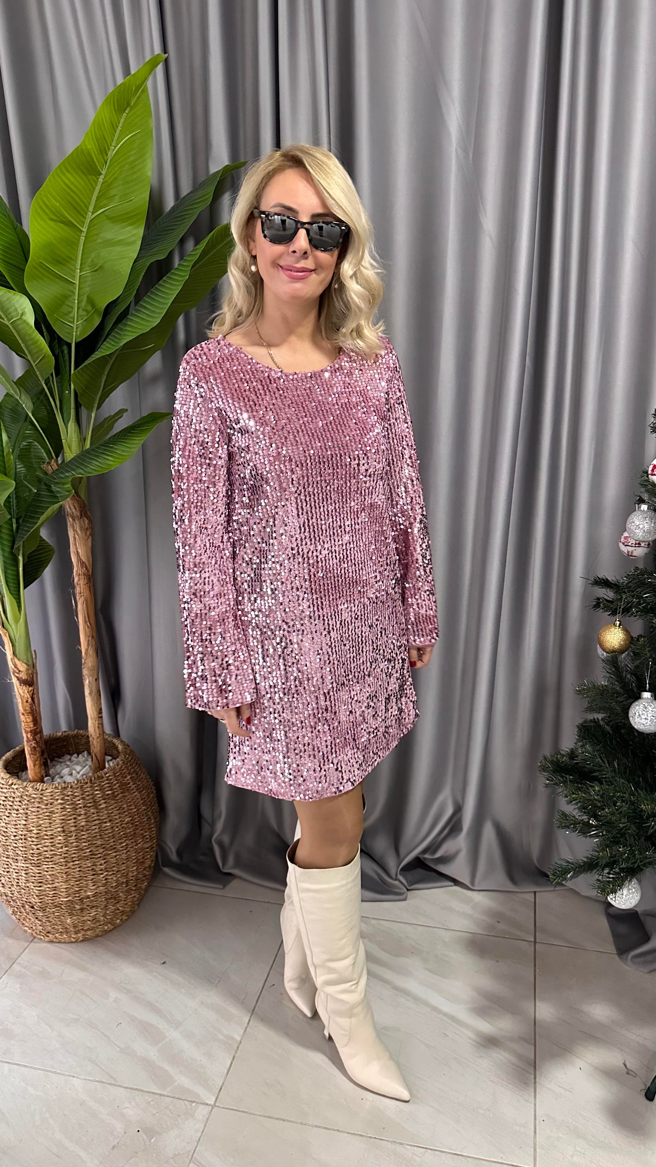 PULLU KURDELE DETAYLI PEMBE ELBİSE 