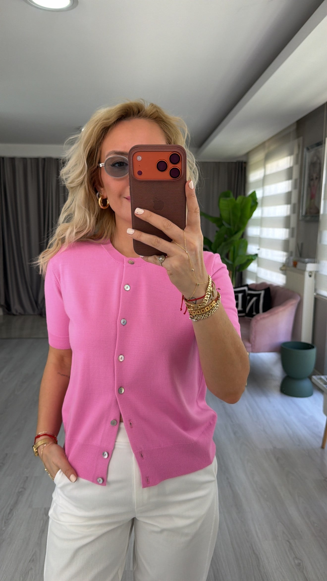 Sedef Düğmeli Yarım Kol Pembe Triko