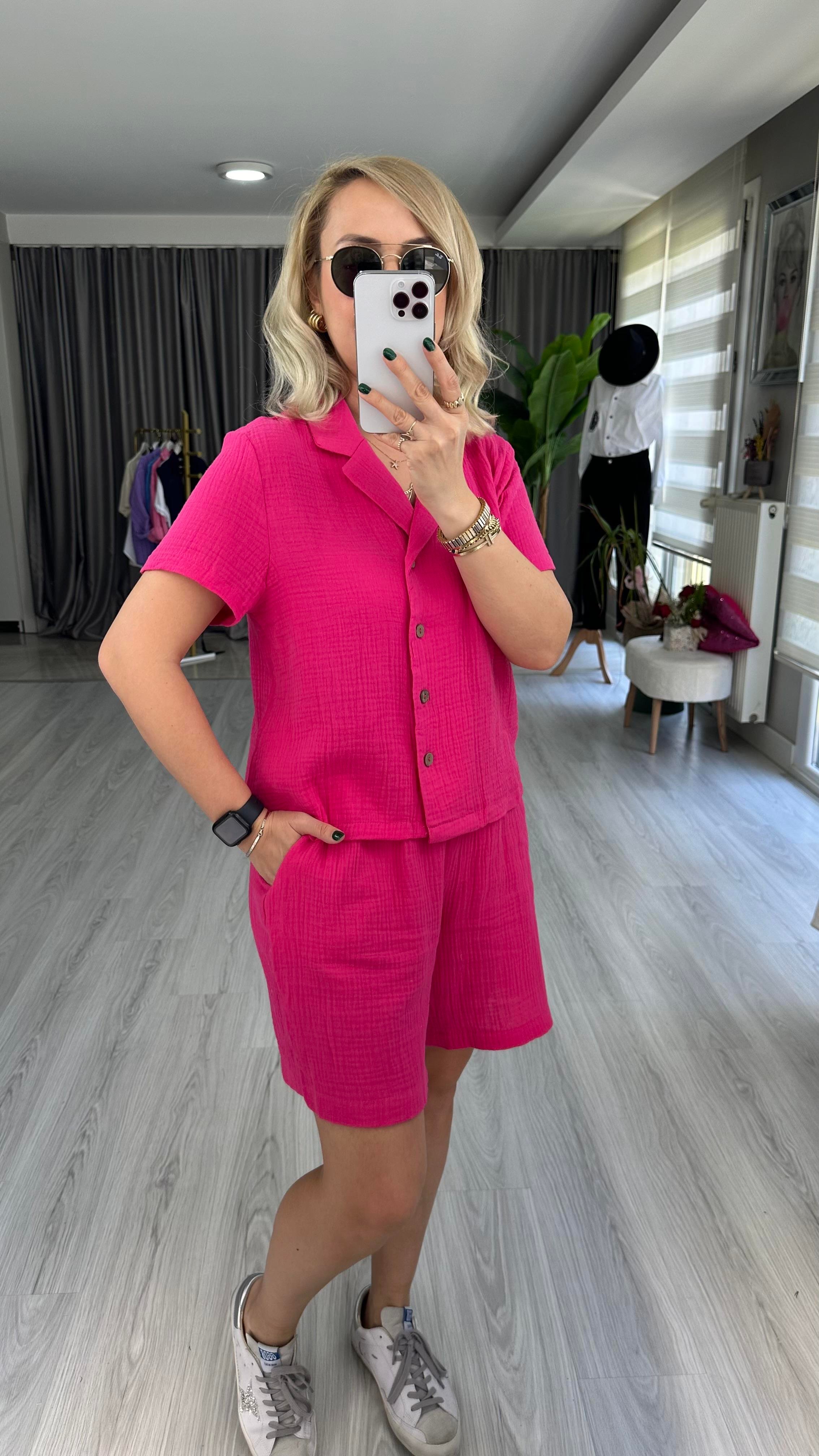 ŞEHİR BOY ŞORTLU, MÜSLİN, PEMBE İKİLİ TAKIM