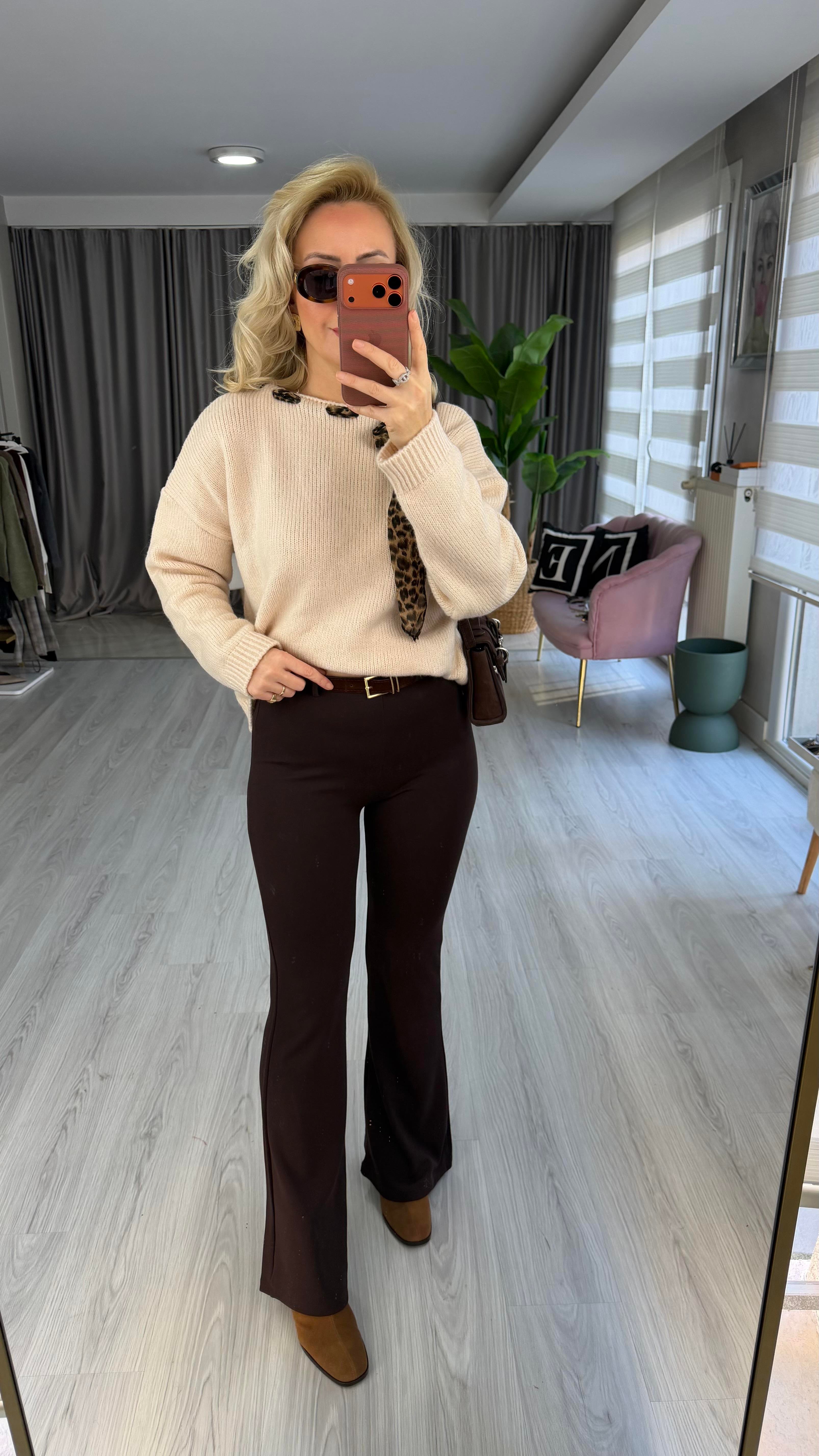 Süet Kemerli Beli Lastikli Çelik Örme Acı Kahve Tayt Pantolon