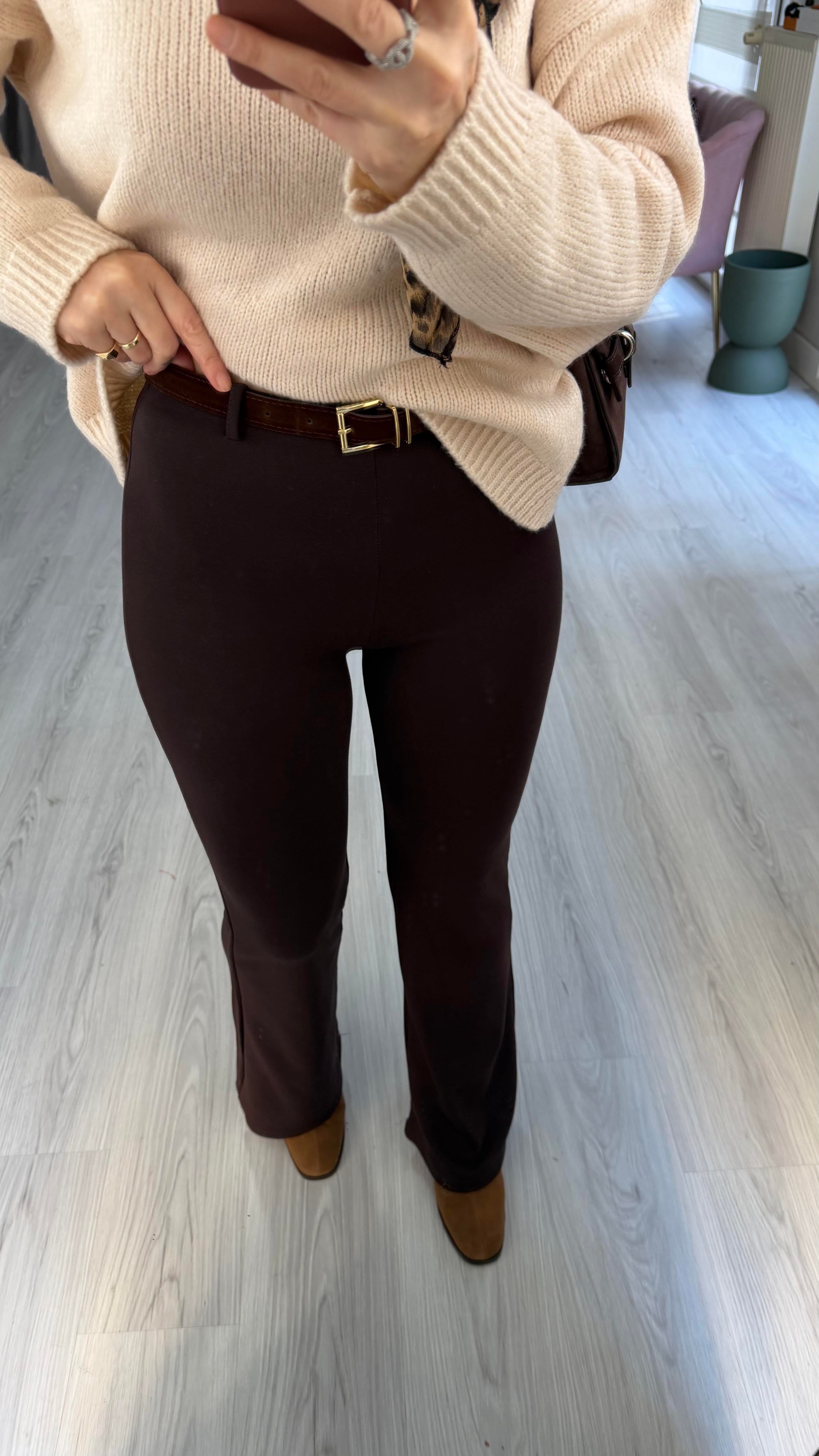 Süet Kemerli Beli Lastikli Çelik Örme Acı Kahve Tayt Pantolon