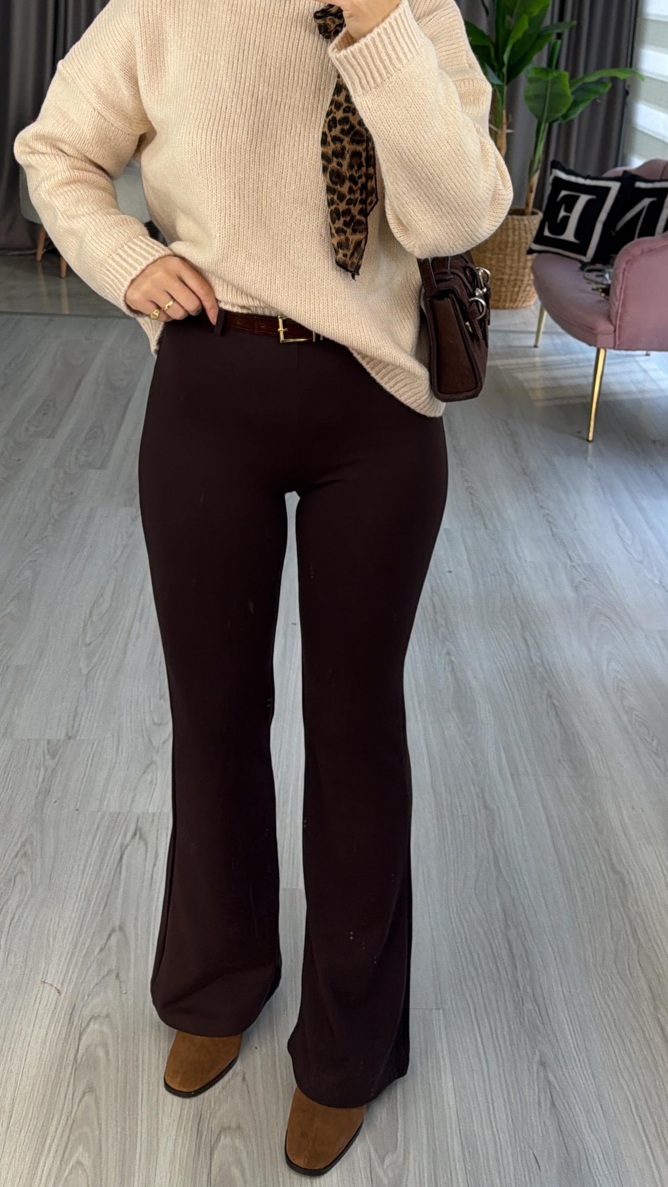 Süet Kemerli Beli Lastikli Çelik Örme Acı Kahve Tayt Pantolon