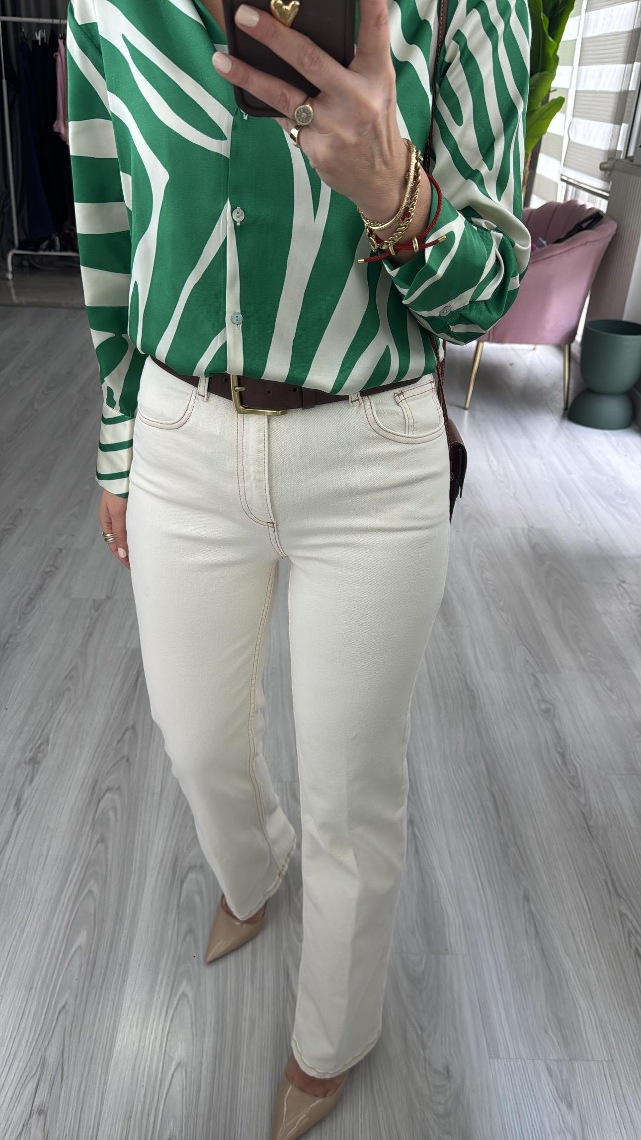 Taba Dikişli Bej Jean Pantolon