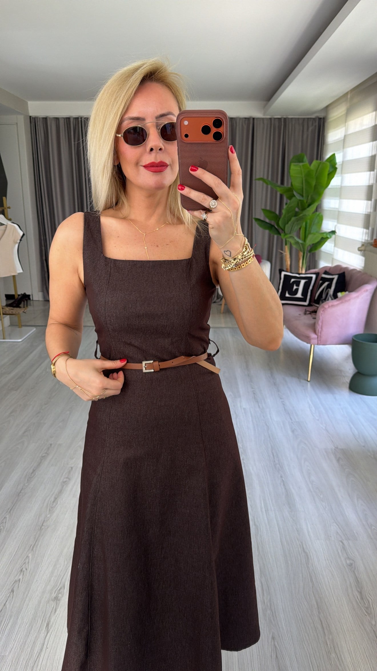 Taba Kemerli Askılı Kahverengi Denim Elbise