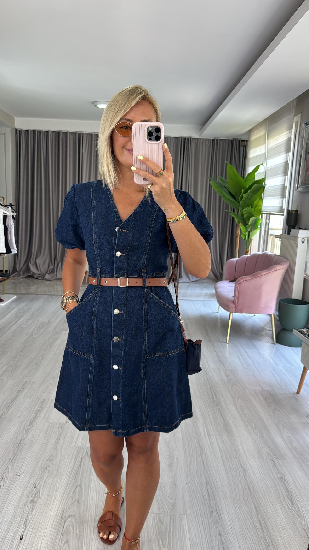 Taba Kemerli Önden Düğmeli Denim Elbise