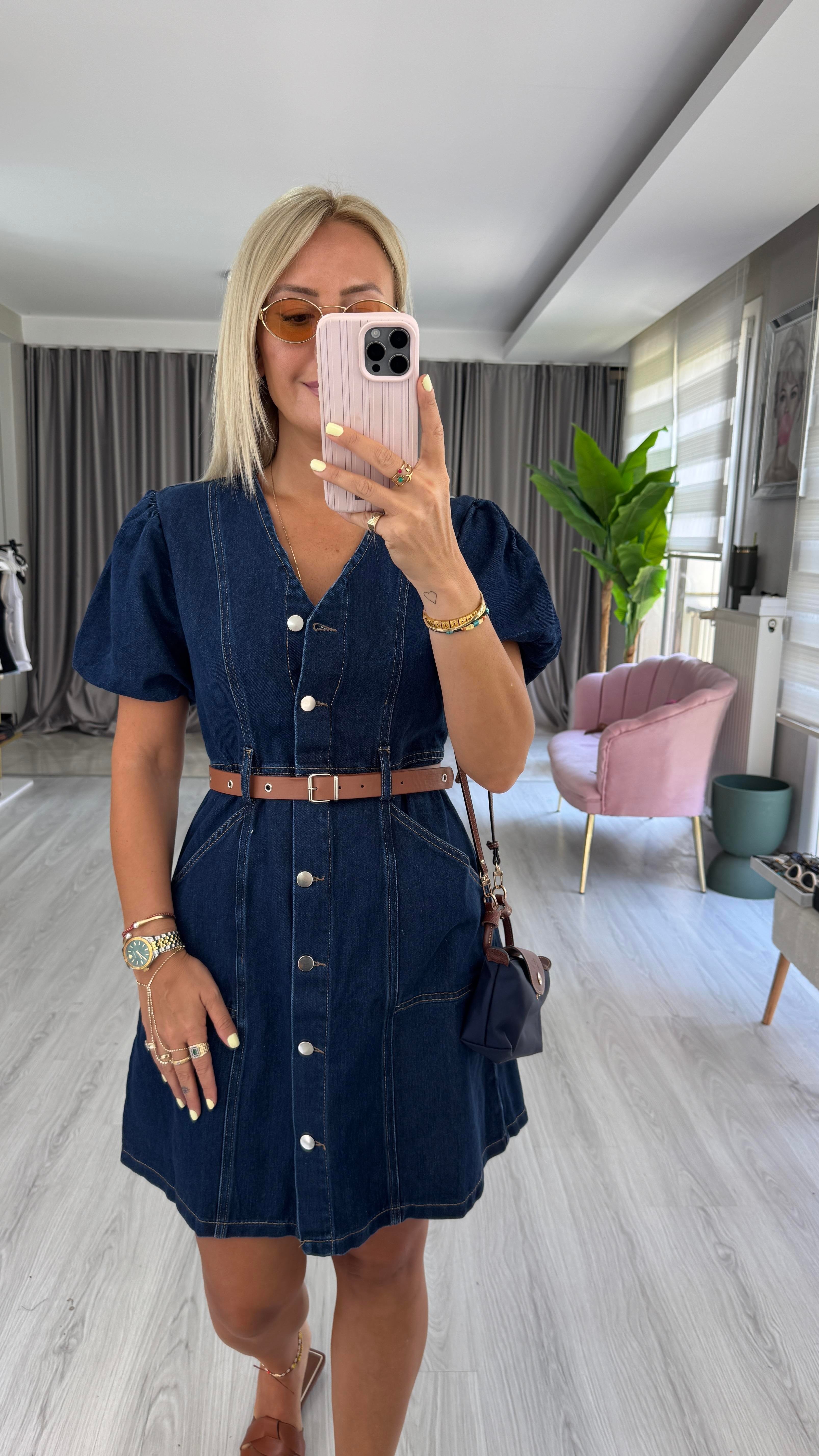 Taba Kemerli Önden Düğmeli Denim Elbise