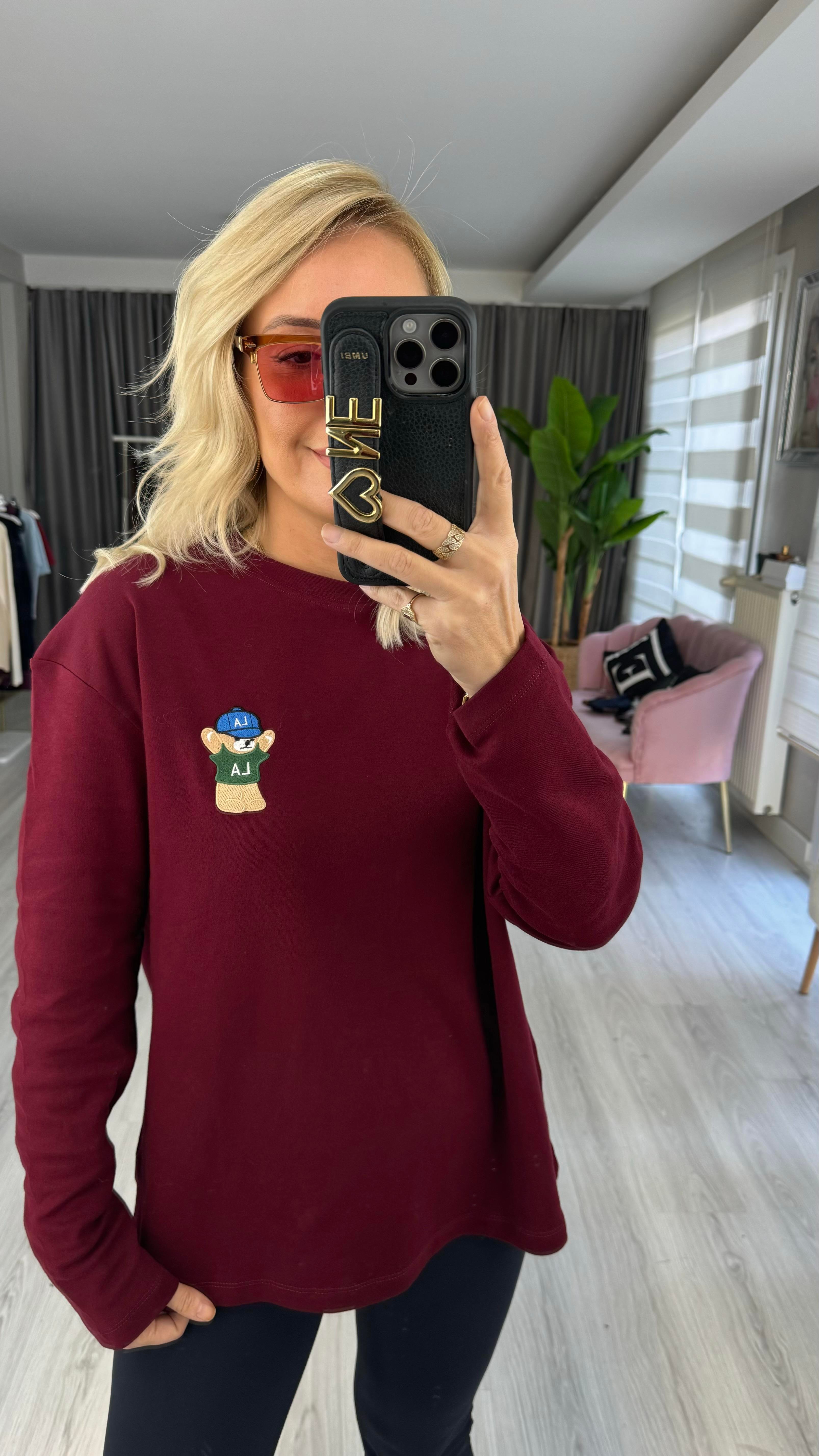Teddy İşlemeli Bordo Sweatshirt
