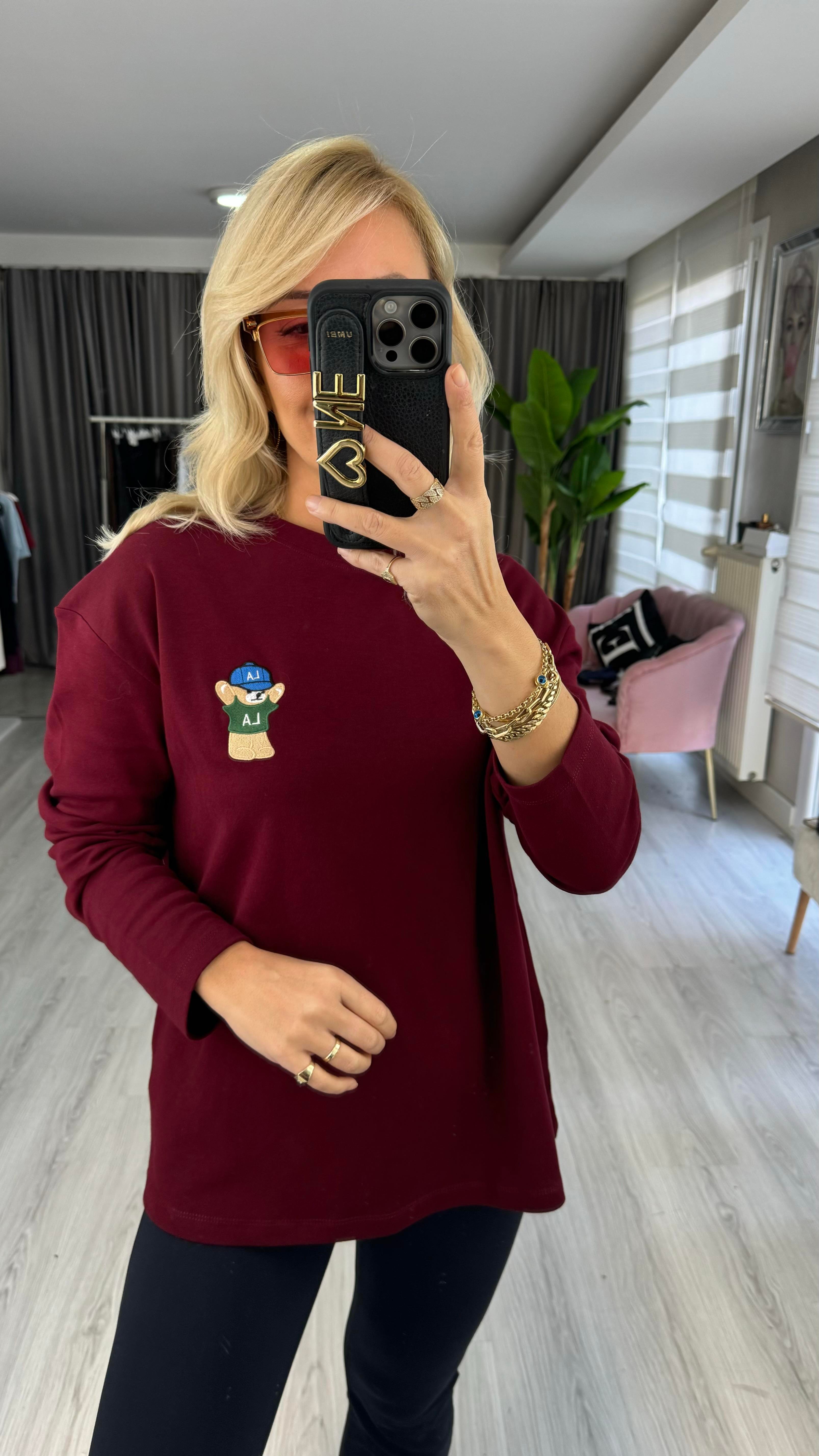 Teddy İşlemeli Bordo Sweatshirt