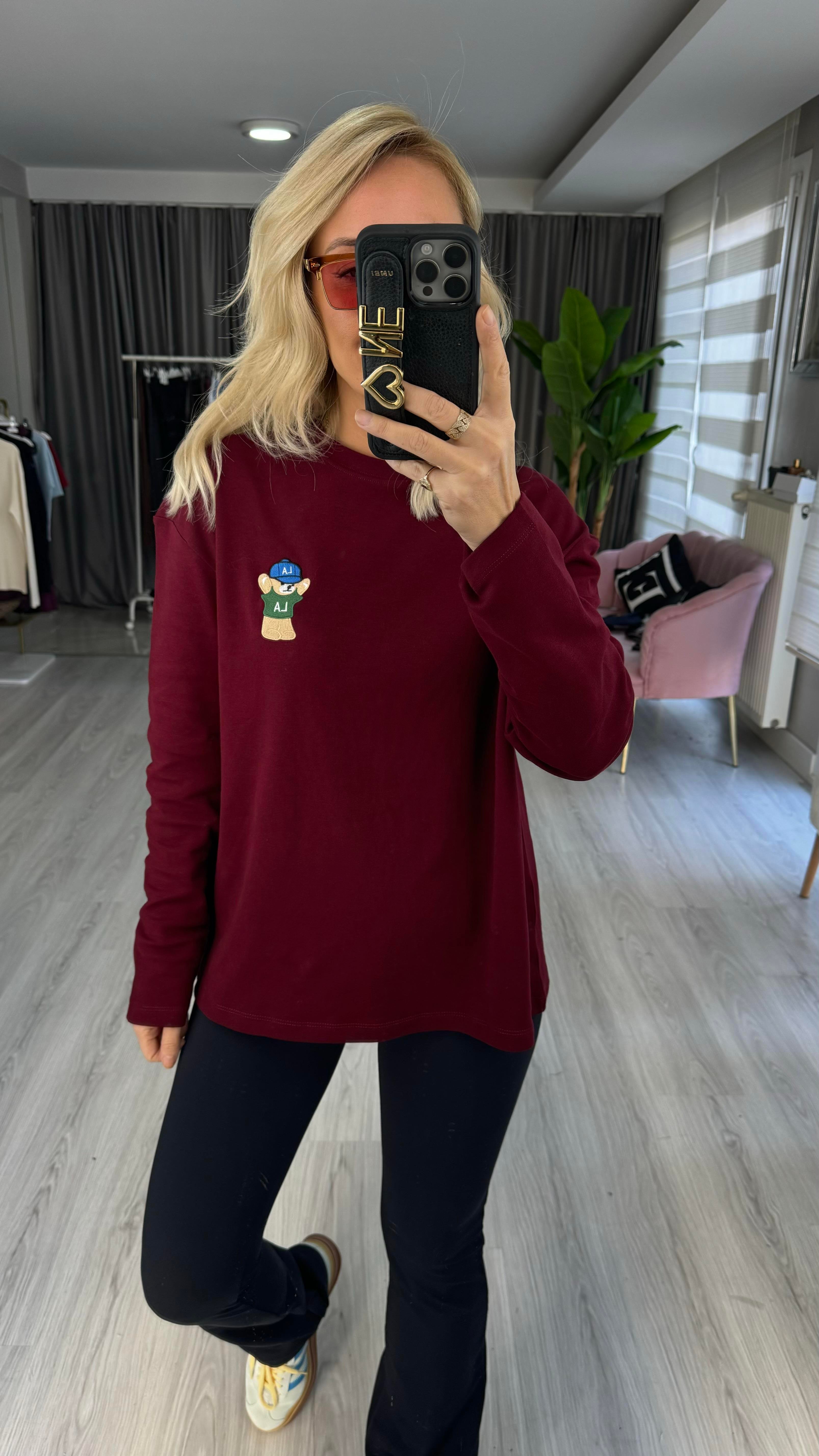Teddy İşlemeli Bordo Sweatshirt