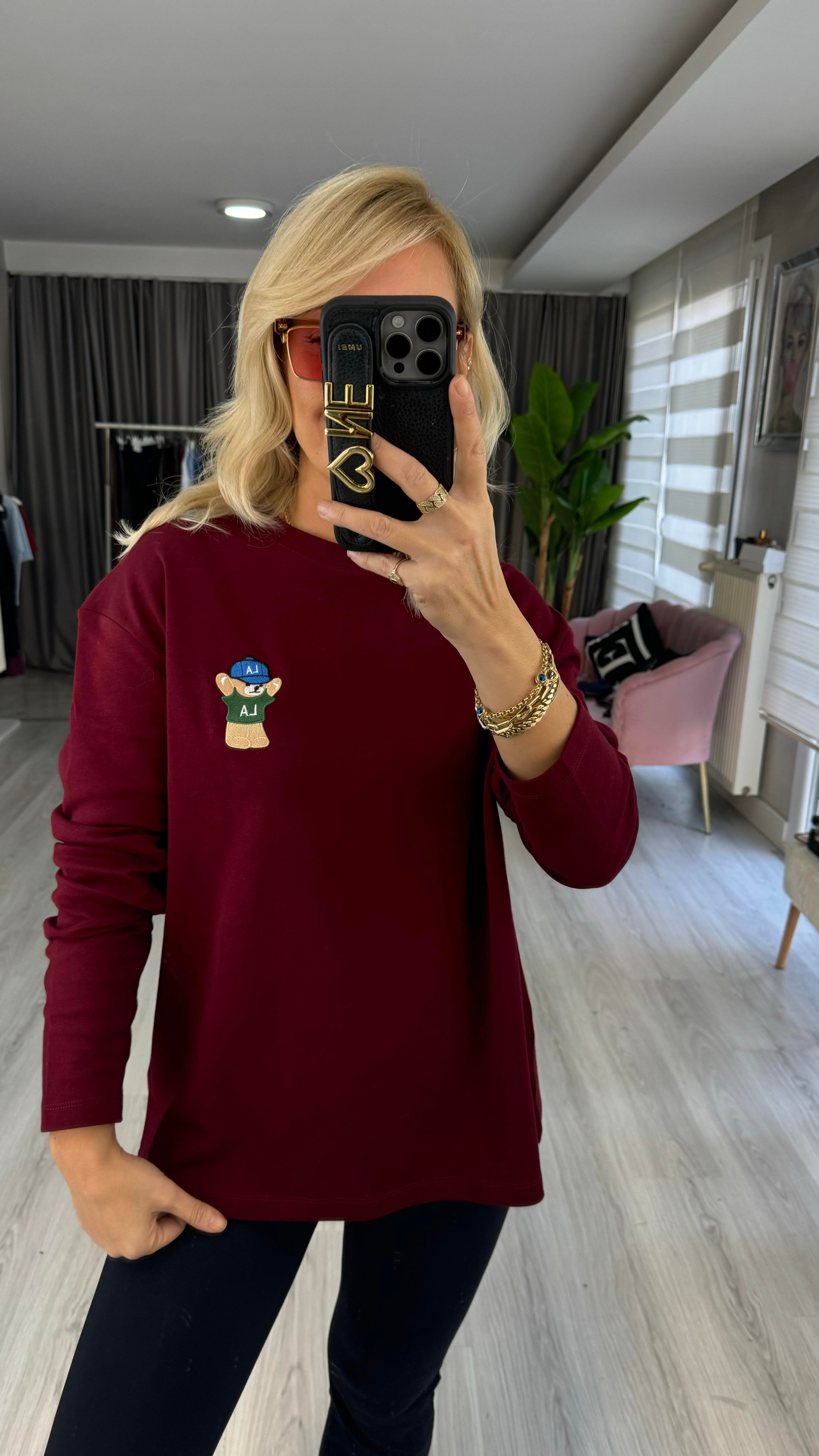 Teddy İşlemeli Bordo Sweatshirt