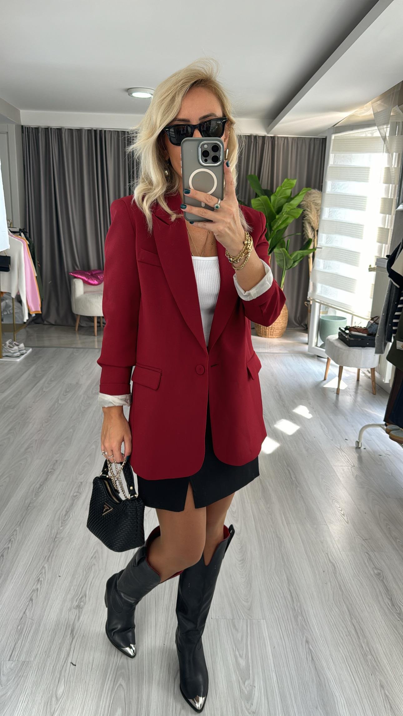 Tek Düğmeli Bordo Blazer Ceket