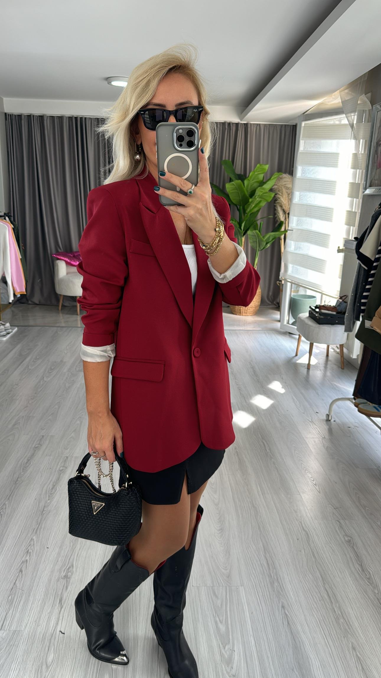 Tek Düğmeli Bordo Blazer Ceket