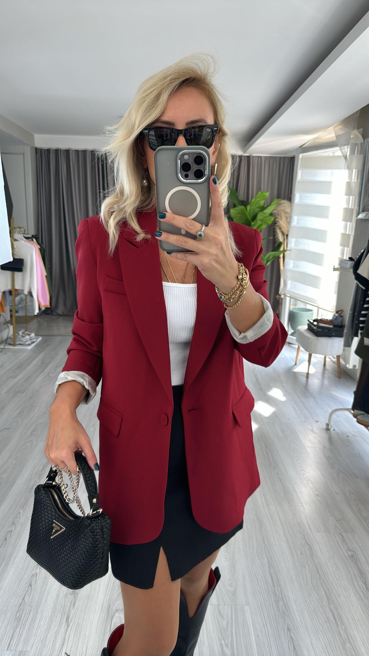 Tek Düğmeli Bordo Blazer Ceket