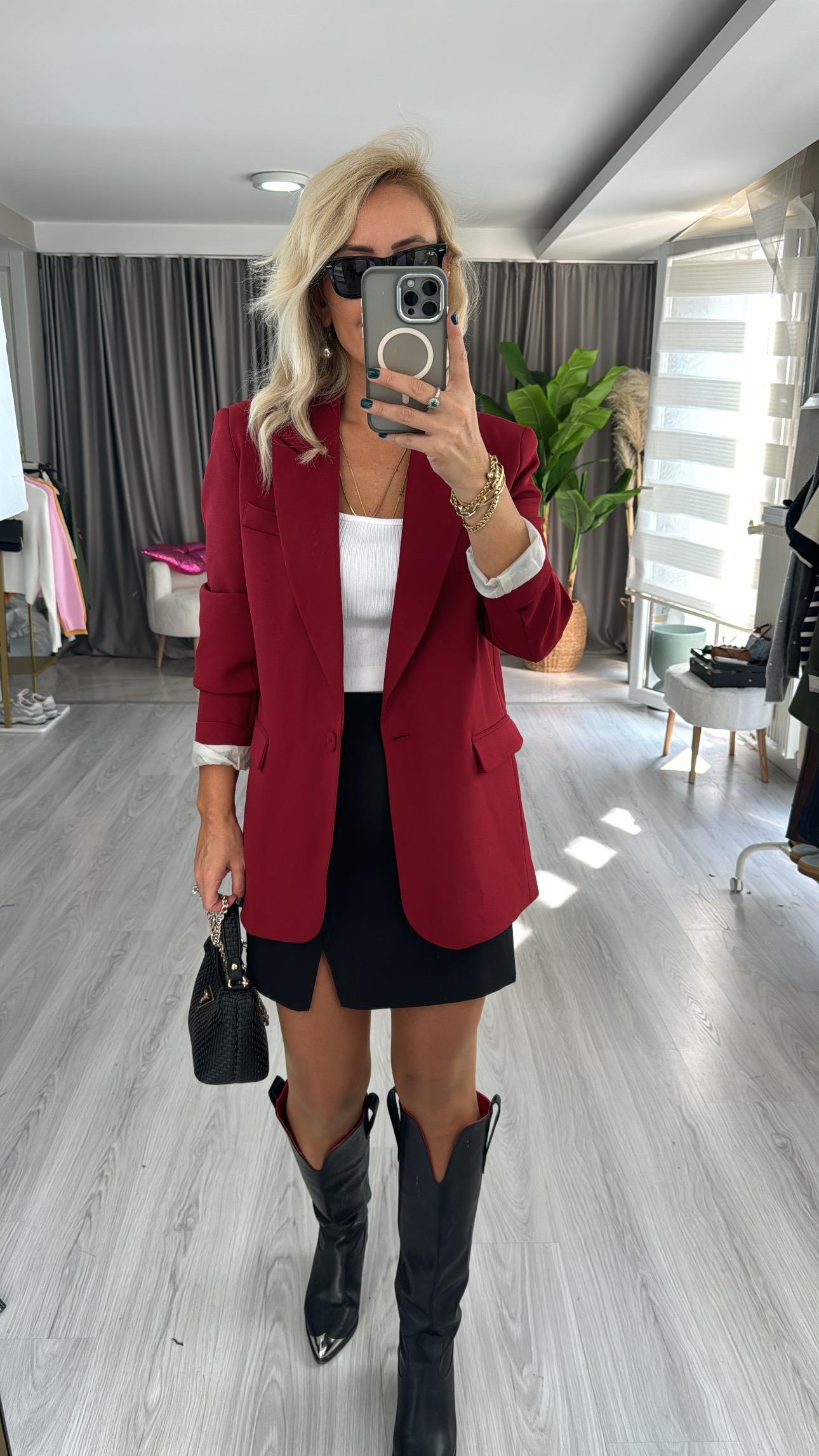 Tek Düğmeli Bordo Blazer Ceket