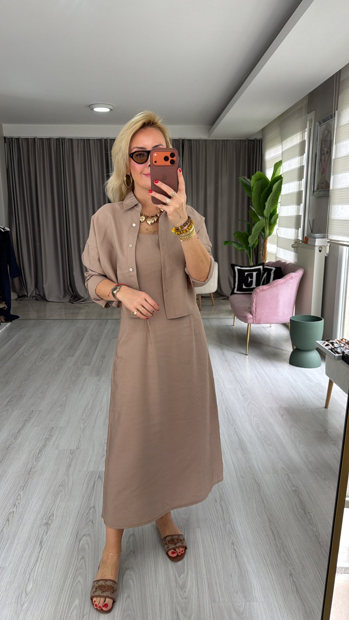 Tencel Gömlek ve Elbise Bej Modal Takım